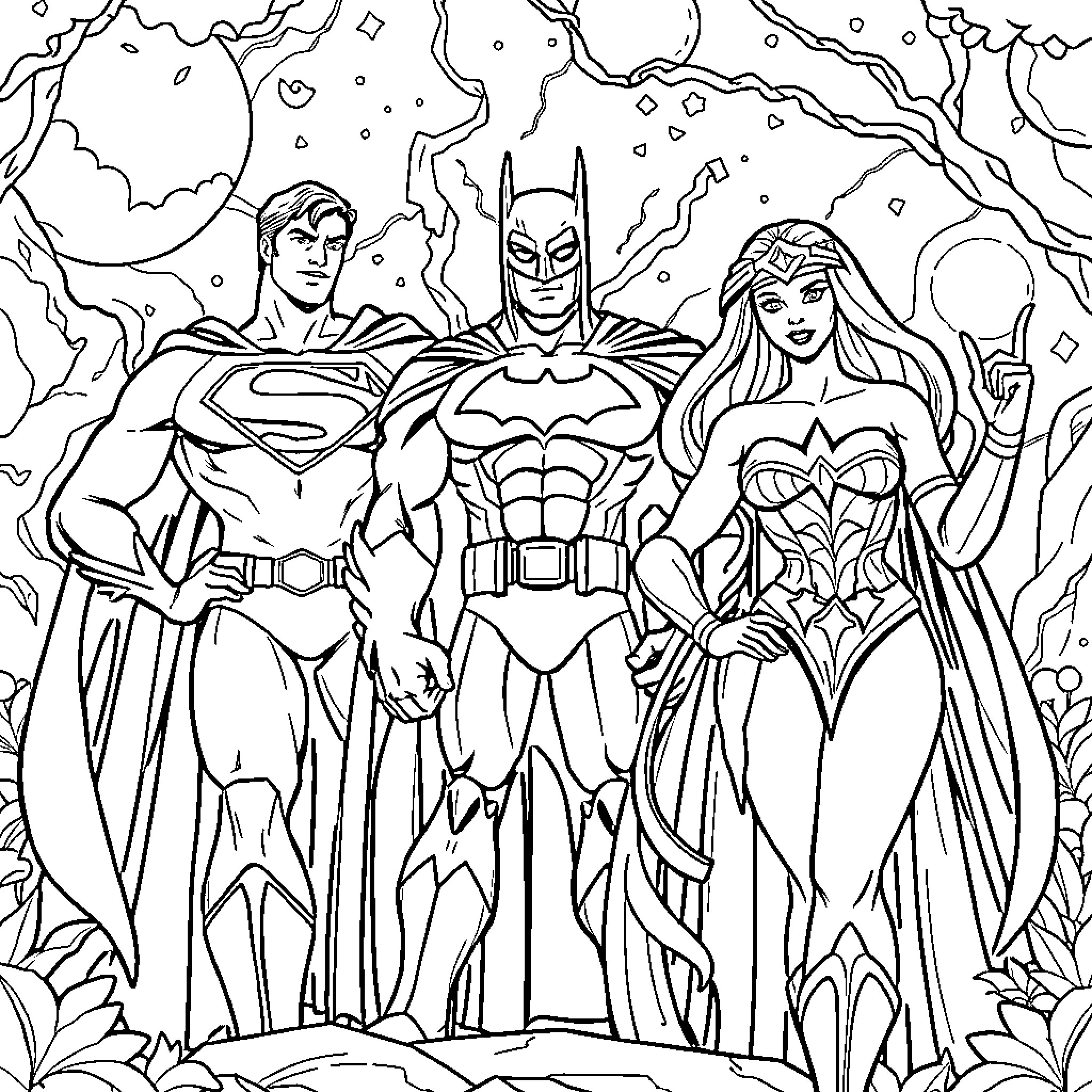 Justice League Heroes in Action Coloring Page (free black-and-white line drawing printable PDF for all, from beginners to advanced learners, including children, teens, adults, and seniors)