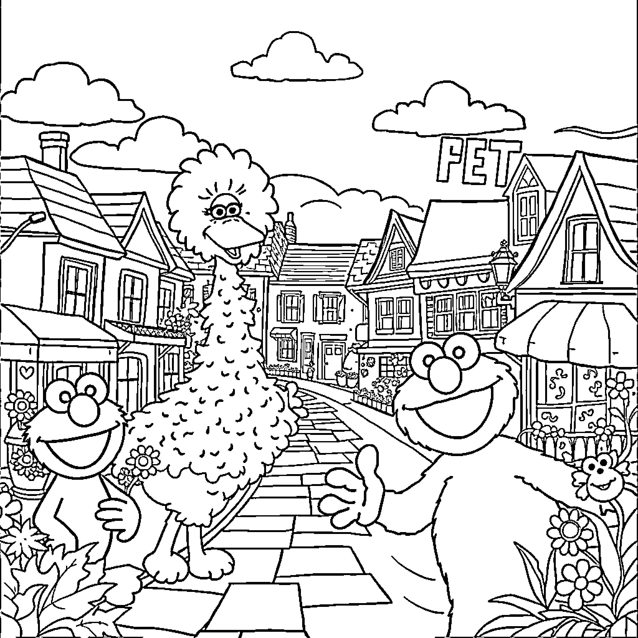 Sesame Street Characters Enjoying a Lively Town Scene Coloring Page (free black-and-white line drawing printable PDF for all, from beginners to advanced learners, including children, teens, adults, and seniors)