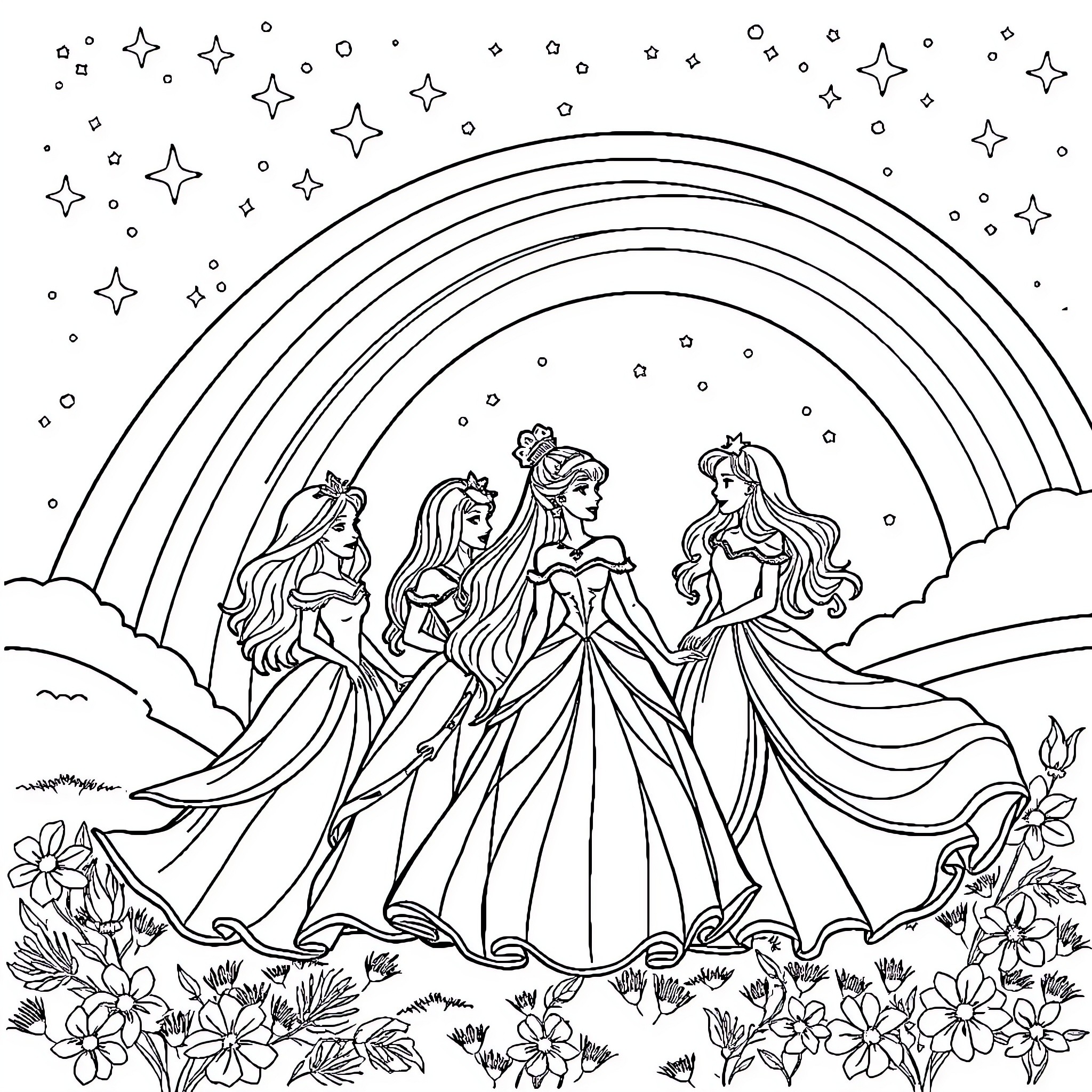 Princess in the Enchanted Garden with Rainbow Coloring Page (free black-and-white line drawing printable PDF for all, from beginners to advanced learners, including children, teens, adults, and seniors)