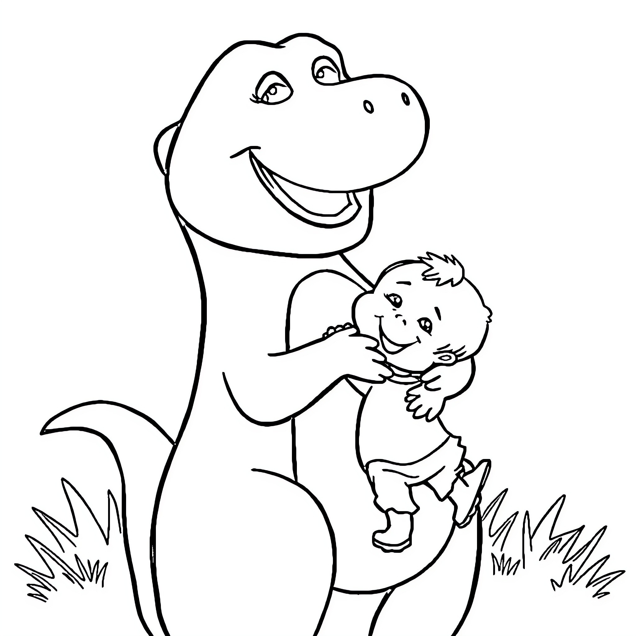 Barney's friendly embrace with a young child Coloring Page (free black-and-white line drawing printable PDF for all, from beginners to advanced learners, including children, teens, adults, and seniors)