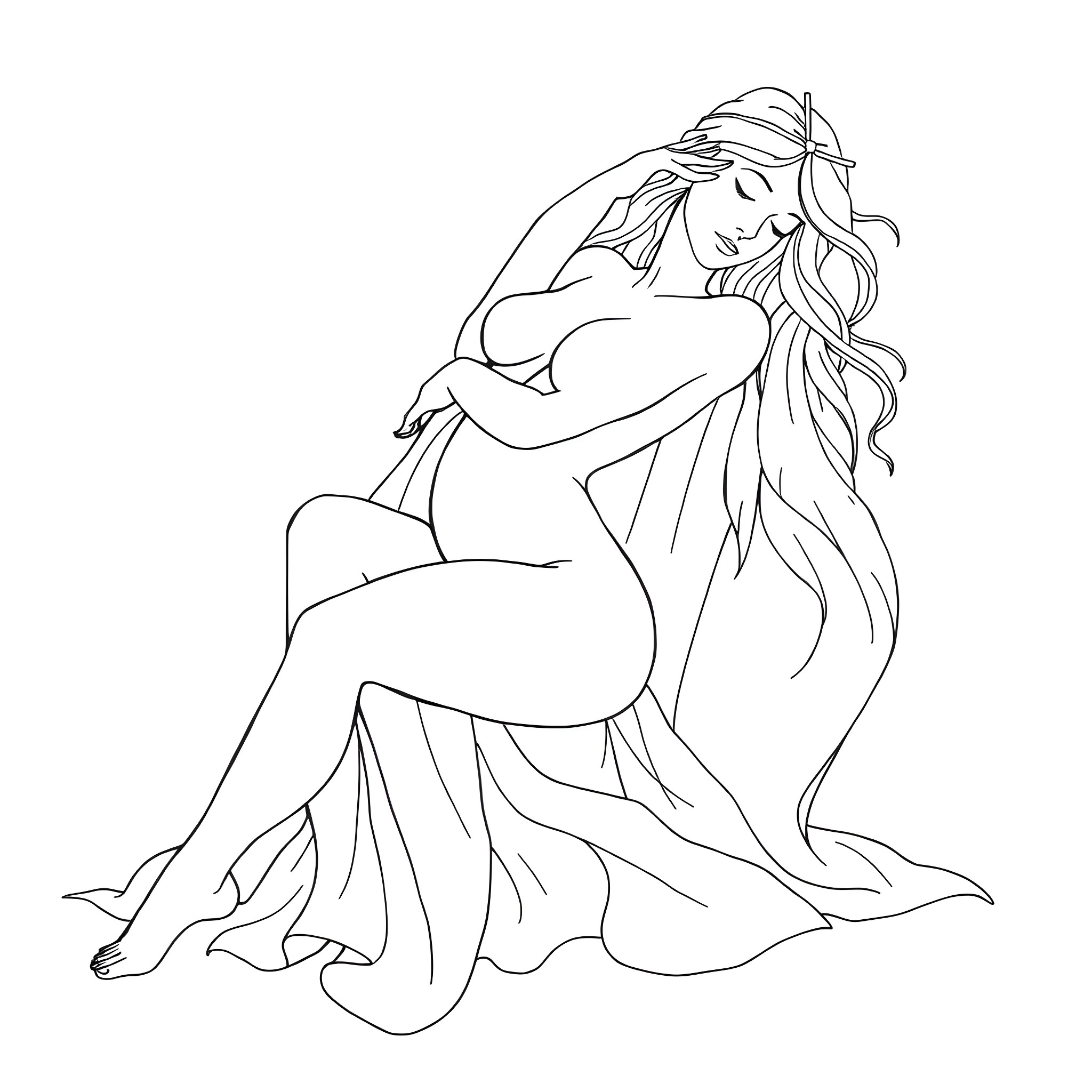 Woman embracing herself in a flowing dress Coloring Page (free black-and-white line drawing printable PDF for all, from beginners to advanced learners, including children, teens, adults, and seniors)