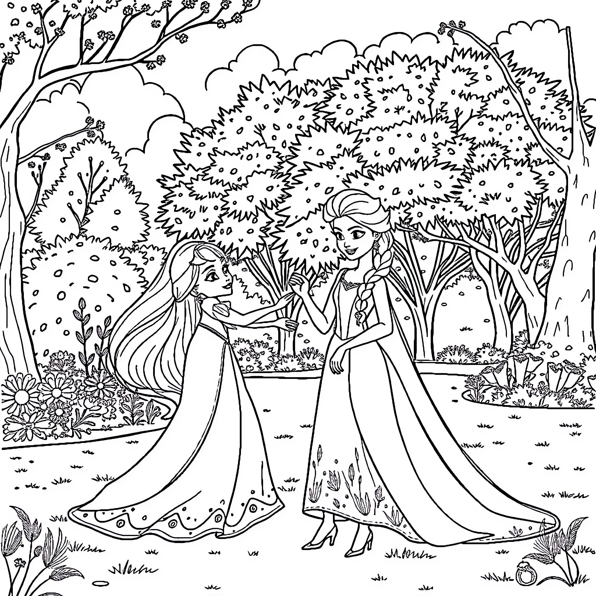 Barbie Sisters Enjoy Outdoor Adventure Coloring Page (free black-and-white line drawing printable PDF for all, from beginners to advanced learners, including children, teens, adults, and seniors)