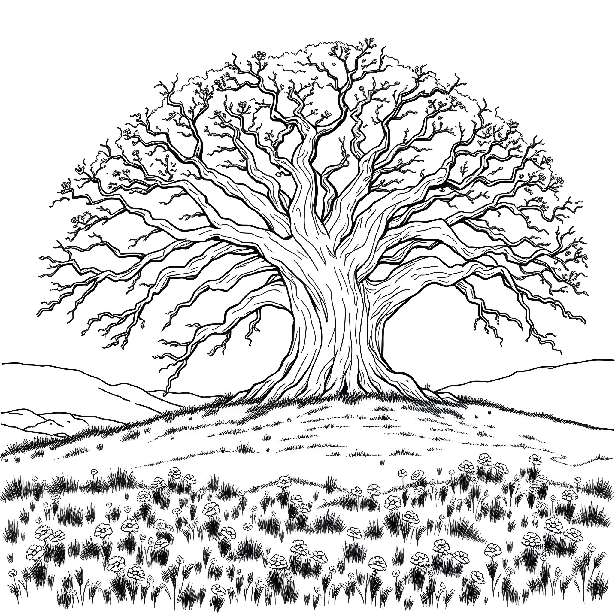 Tree with intricate branches in a grassy field Coloring Page (free black-and-white line drawing printable PDF for all, from beginners to advanced learners, including children, teens, adults, and seniors)