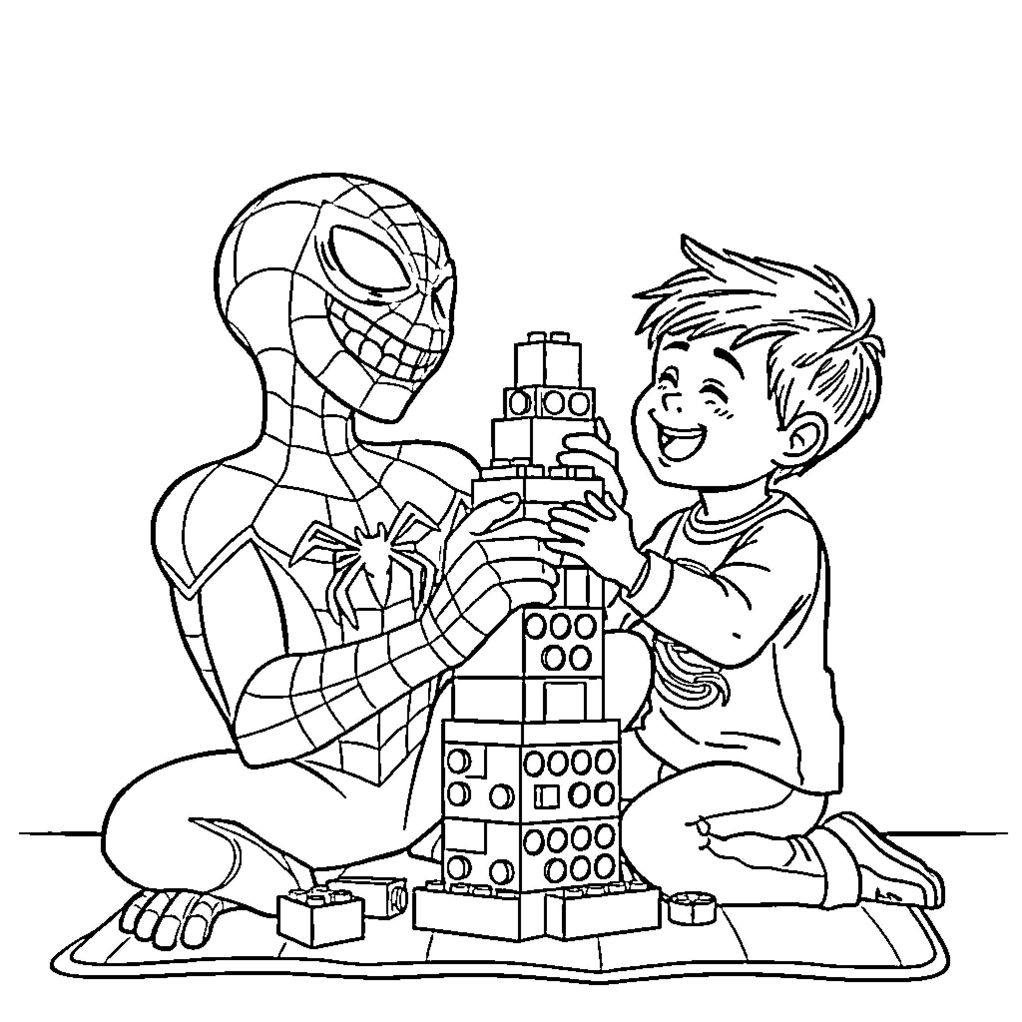 Spider-Man and a child playing with Lego blocks Coloring Page (free black-and-white line drawing printable PDF for all, from beginners to advanced learners, including children, teens, adults, and seniors)
