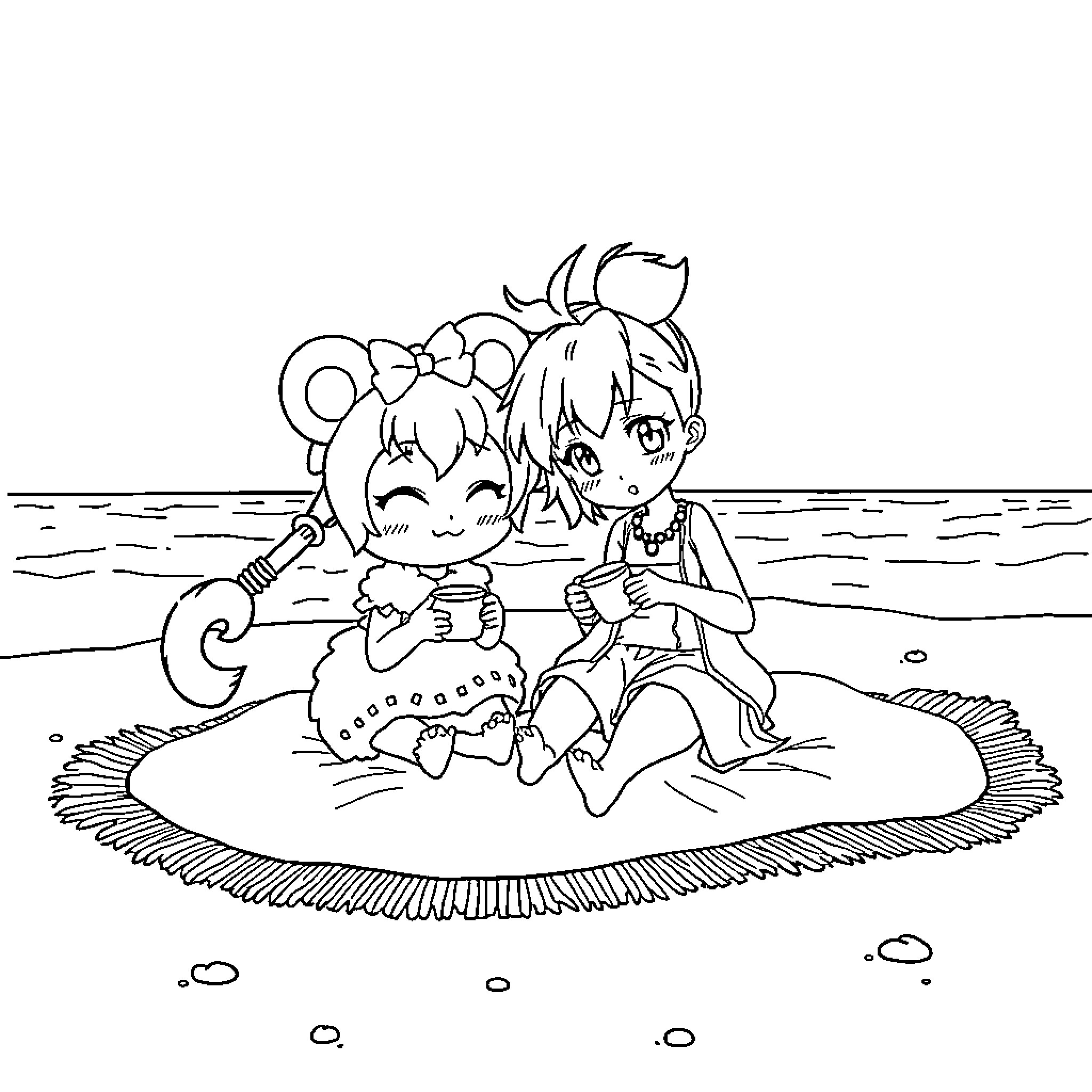 Kuromi and friend relaxing on the beach Coloring Page (free black-and-white line drawing printable PDF for all, from beginners to advanced learners, including children, teens, adults, and seniors)