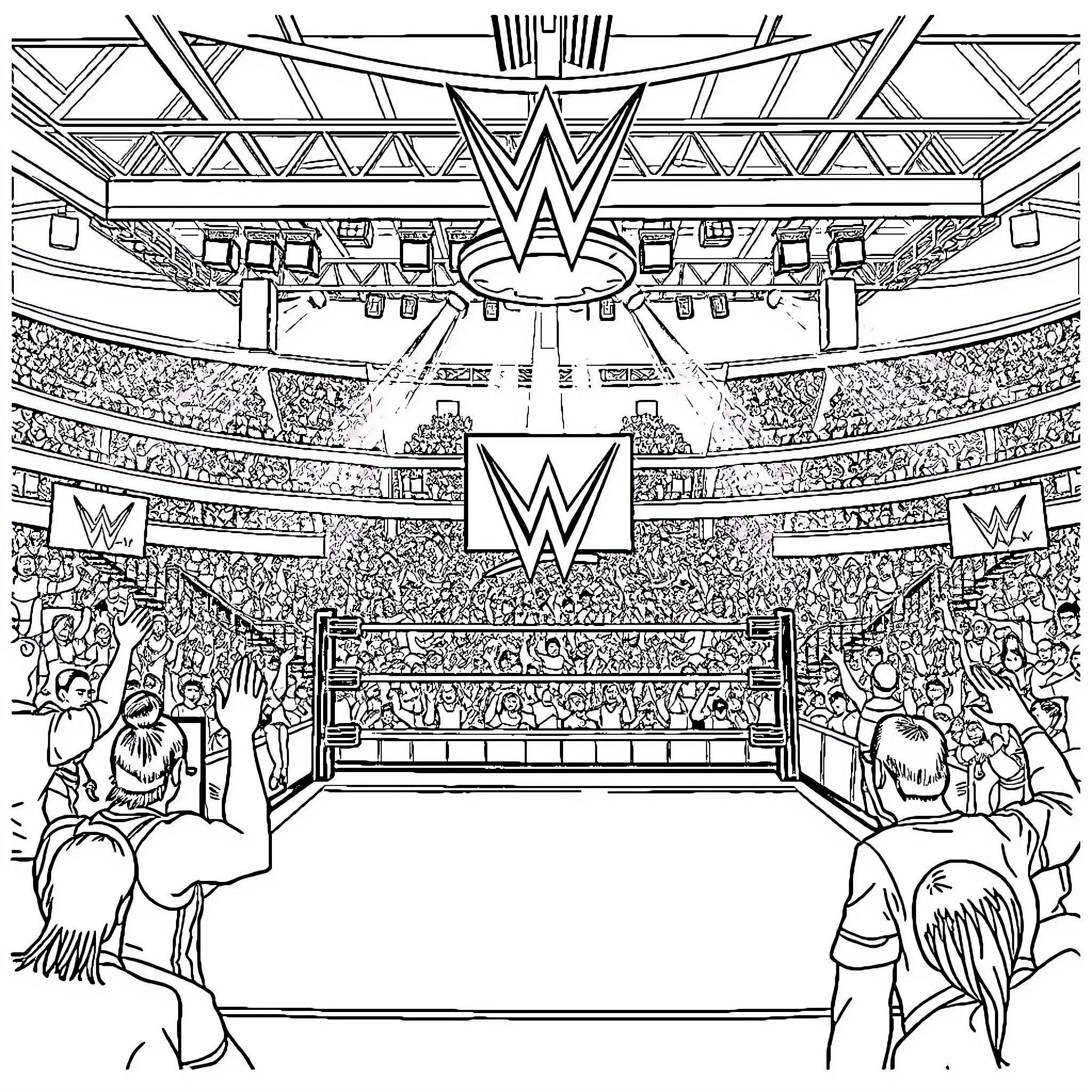 Wrestling action in a grand stadium arena Coloring Page (free black-and-white line drawing printable PDF for all, from beginners to advanced learners, including children, teens, adults, and seniors)