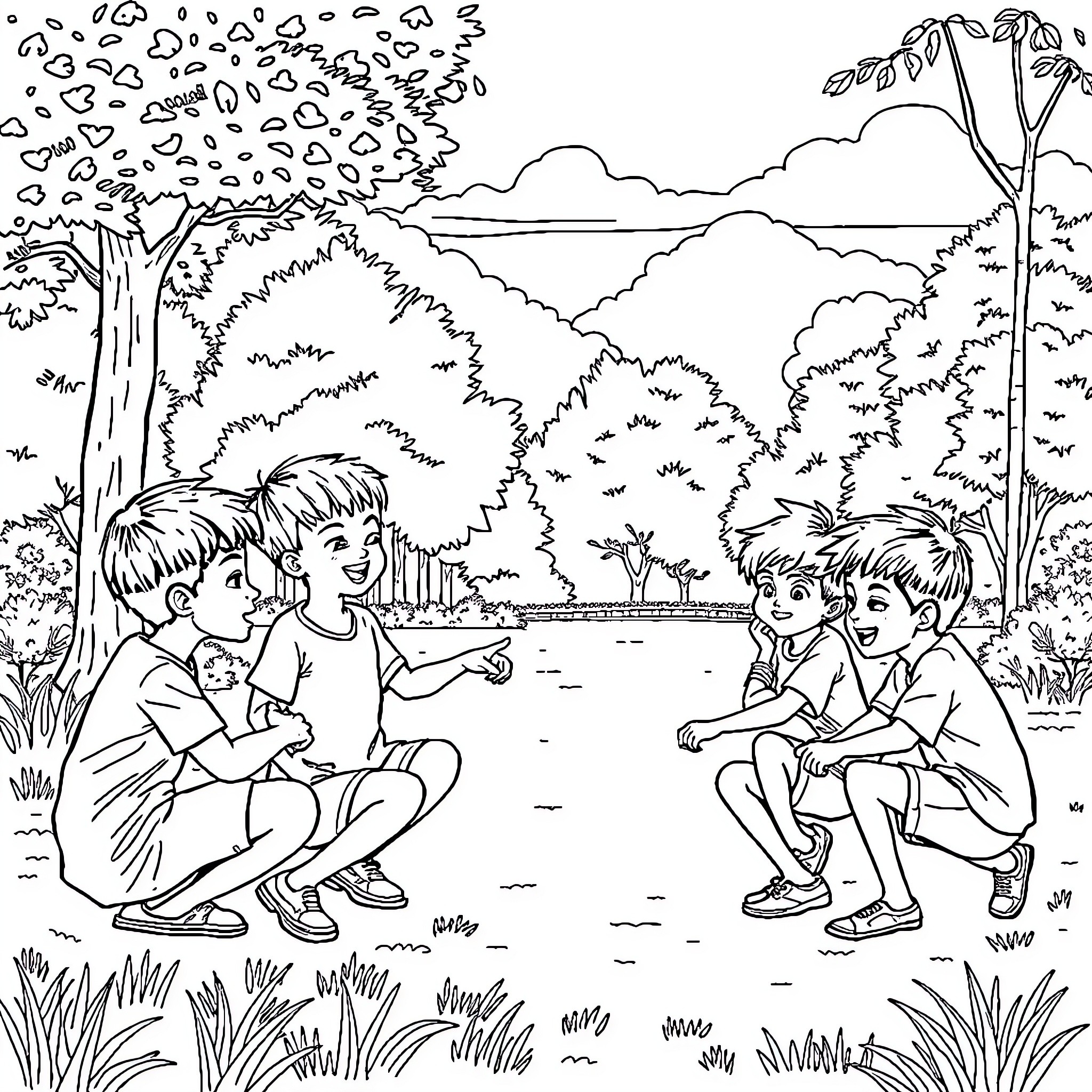Saja Boy's Adventure in the Outdoor Wilderness Coloring Page (free black-and-white line drawing printable PDF for all, from beginners to advanced learners, including children, teens, adults, and seniors)