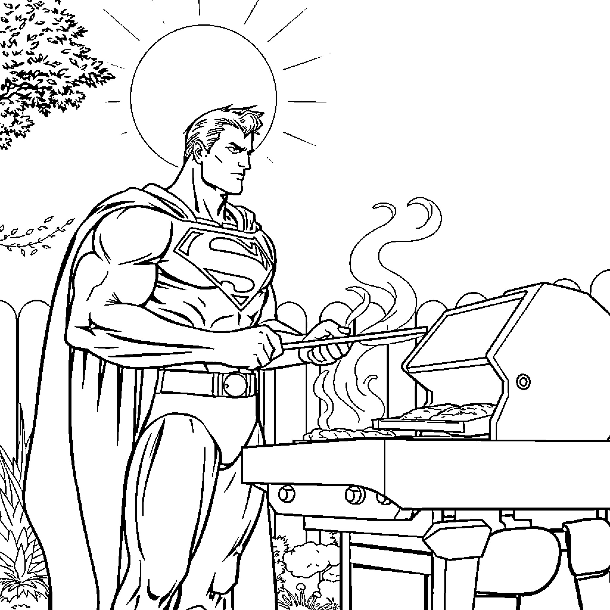 Superman working diligently on a computer in nature Coloring Page (free black-and-white line drawing printable PDF for all, from beginners to advanced learners, including children, teens, adults, and seniors)