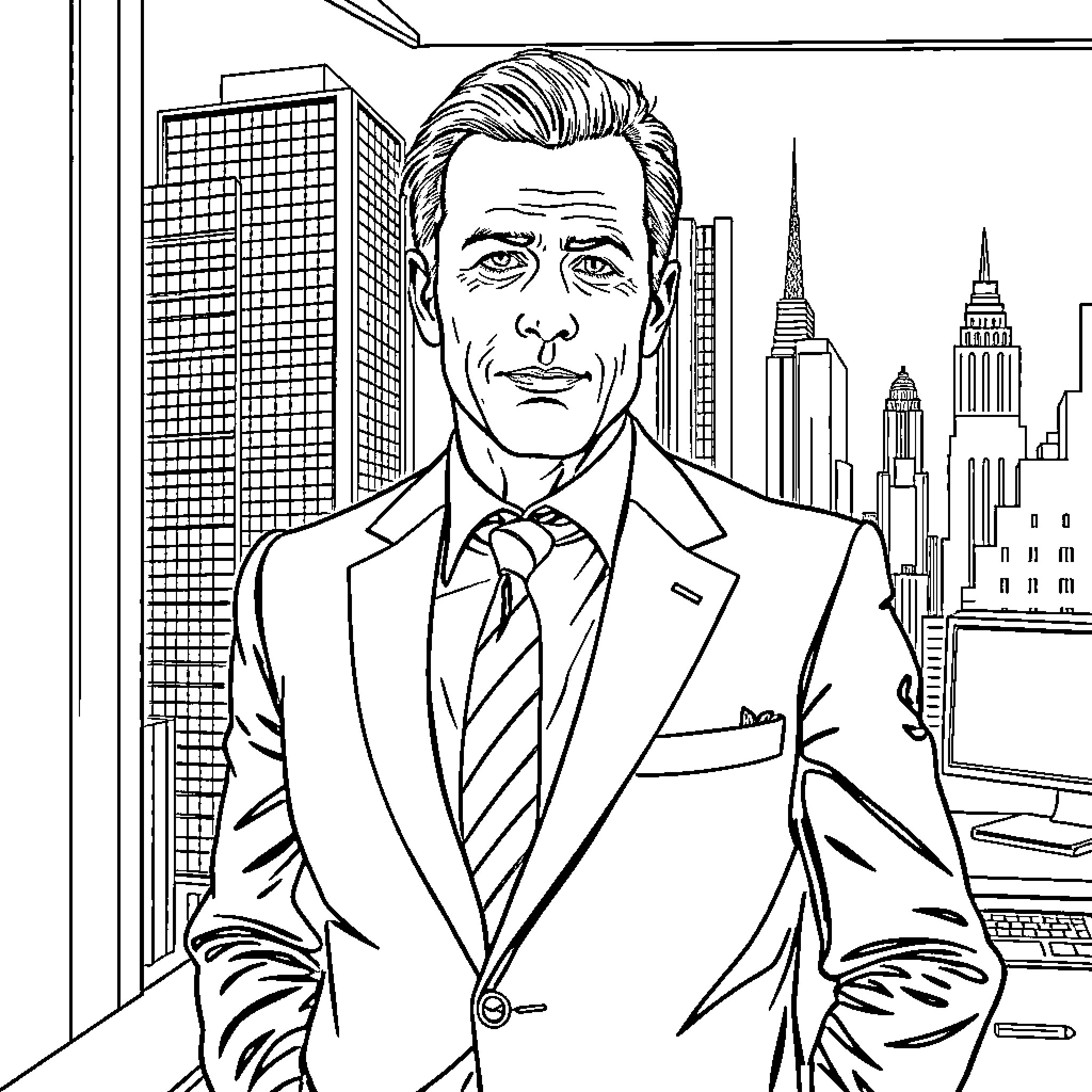 Manager Standing Tall in the Bustling City Coloring Page (free black-and-white line drawing printable PDF for all, from beginners to advanced learners, including children, teens, adults, and seniors)