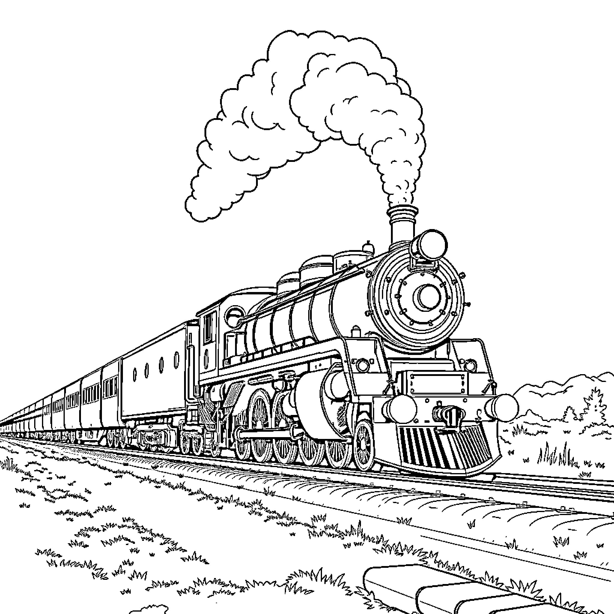 Steam Train Carrying Passengers Through Scenic Countryside Coloring Page (free black-and-white line drawing printable PDF for all, from beginners to advanced learners, including children, teens, adults, and seniors)