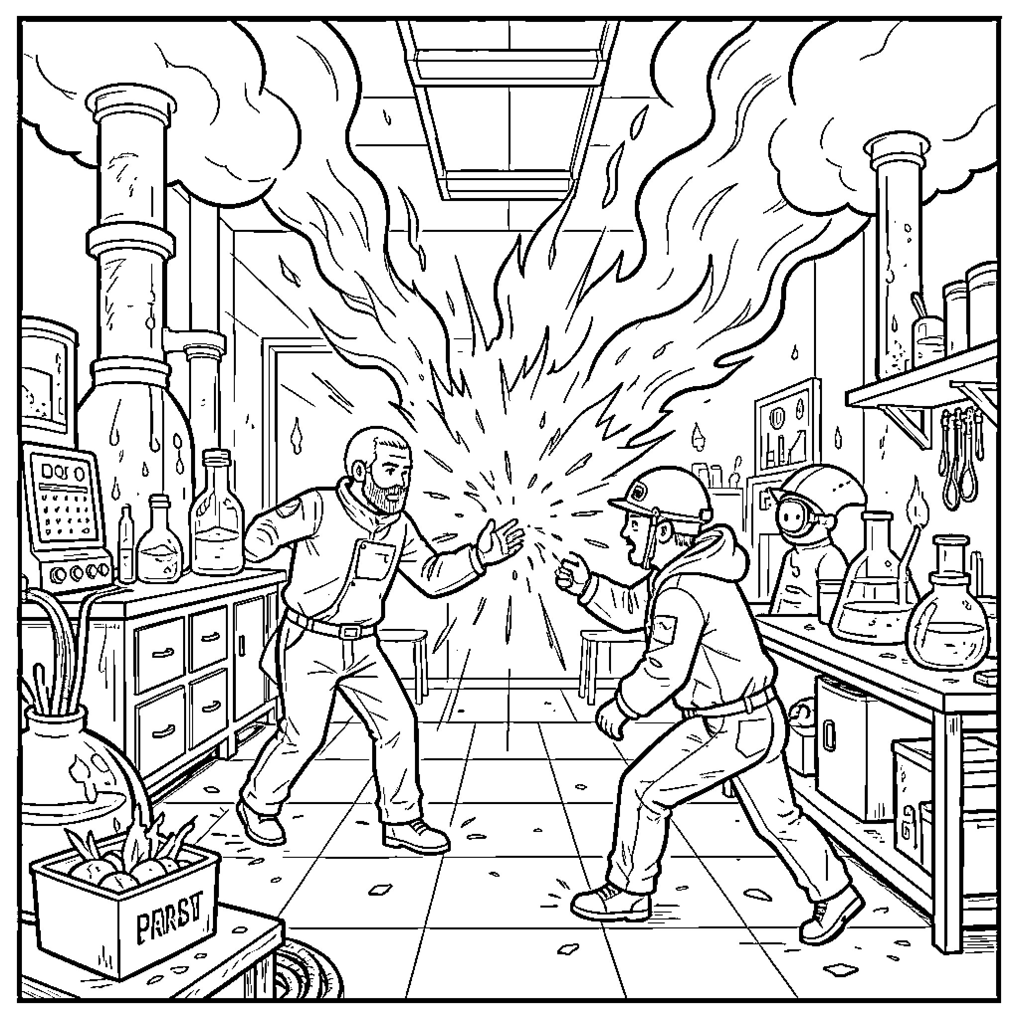 Laboratory scientists reacting to a sudden chemical explosion Coloring Page (free black-and-white line drawing printable PDF for all, from beginners to advanced learners, including children, teens, adults, and seniors)