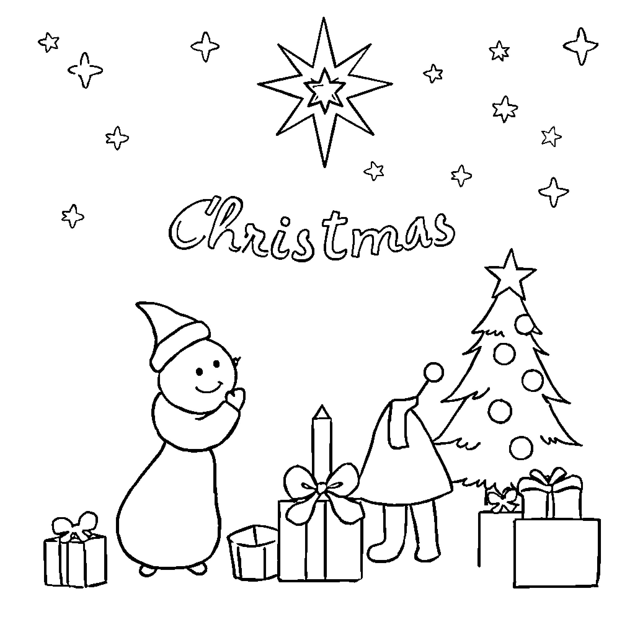 Christmas celebration with snowman, tree, and gifts Coloring Page (free black-and-white line drawing printable PDF for all, from beginners to advanced learners, including children, teens, adults, and seniors)