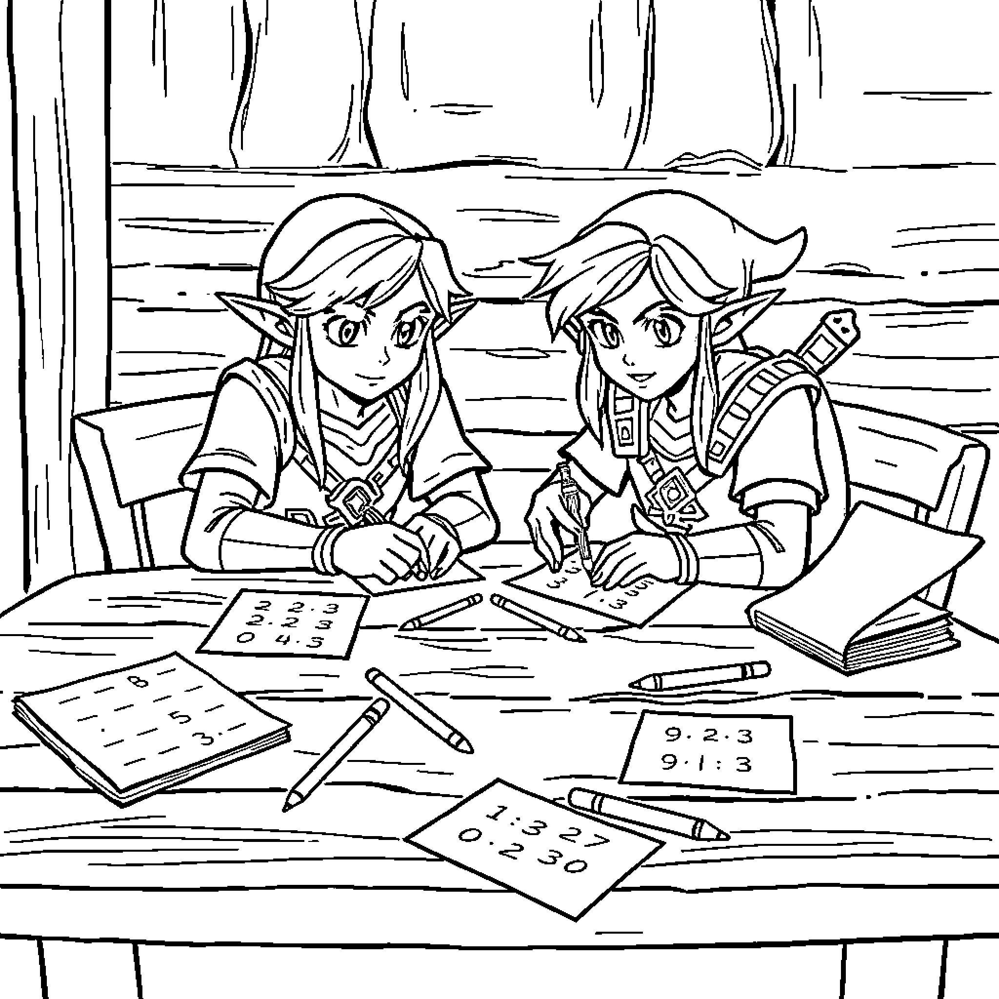 Zelda Characters Studying and Solving Math Problems Coloring Page (free black-and-white line drawing printable PDF for all, from beginners to advanced learners, including children, teens, adults, and seniors)