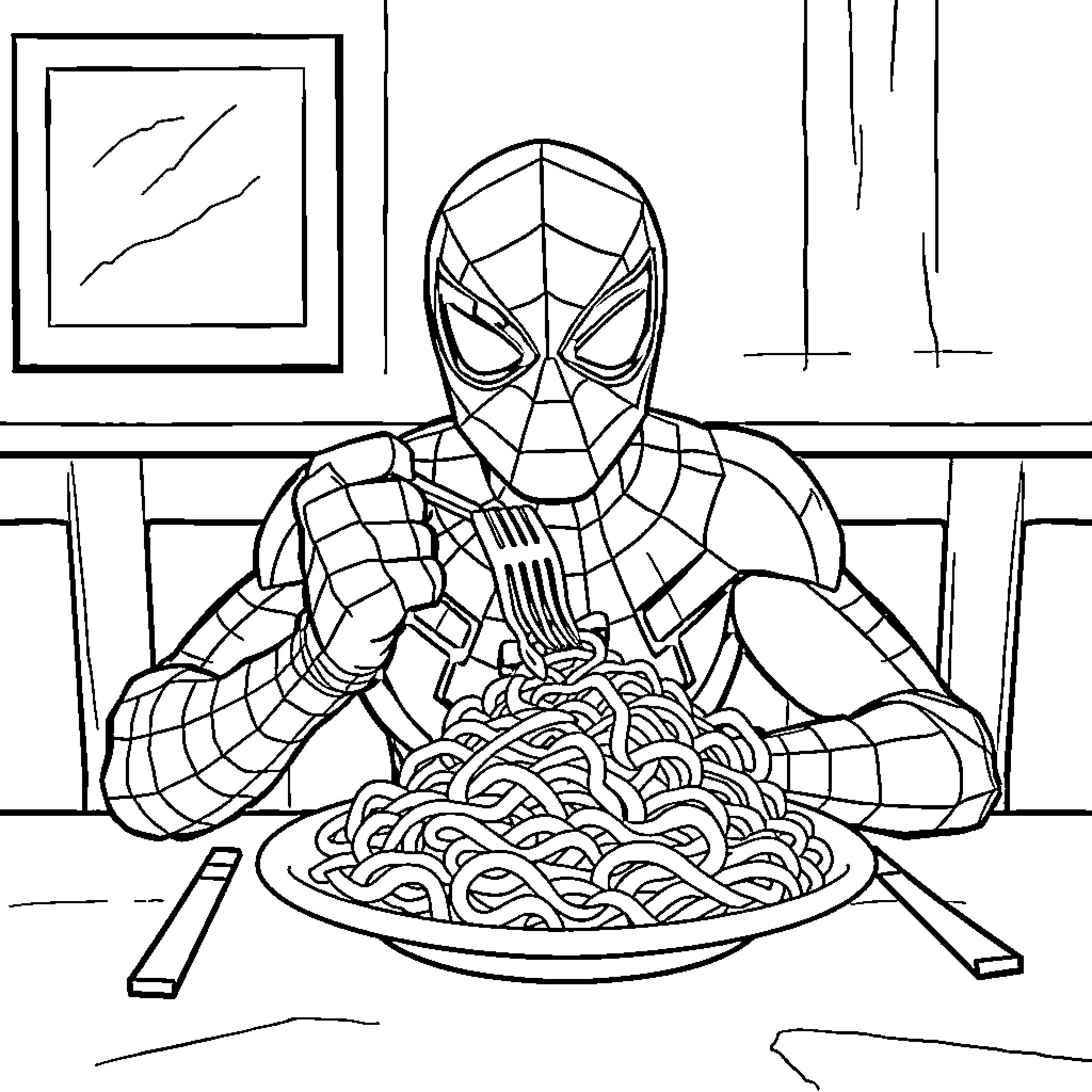 Spiderman enjoying a bowl of pasta Coloring Page (free black-and-white line drawing printable PDF for all, from beginners to advanced learners, including children, teens, adults, and seniors)