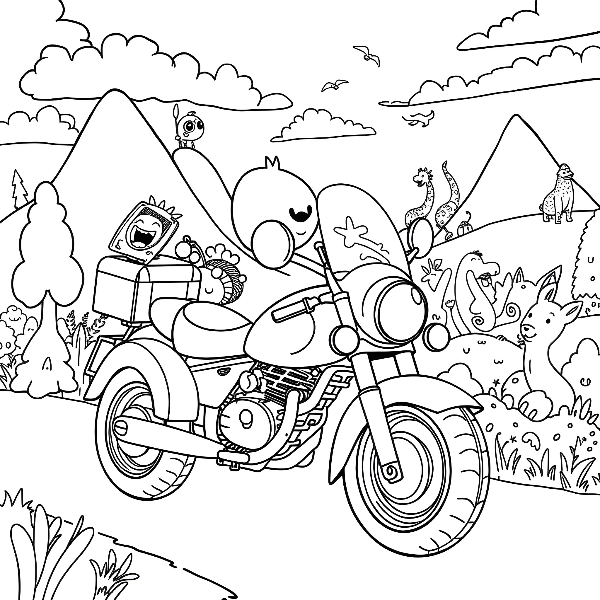 Mille's Motorbike Adventure in the Wilderness Coloring Page (free black-and-white line drawing printable PDF for all, from beginners to advanced learners, including children, teens, adults, and seniors)