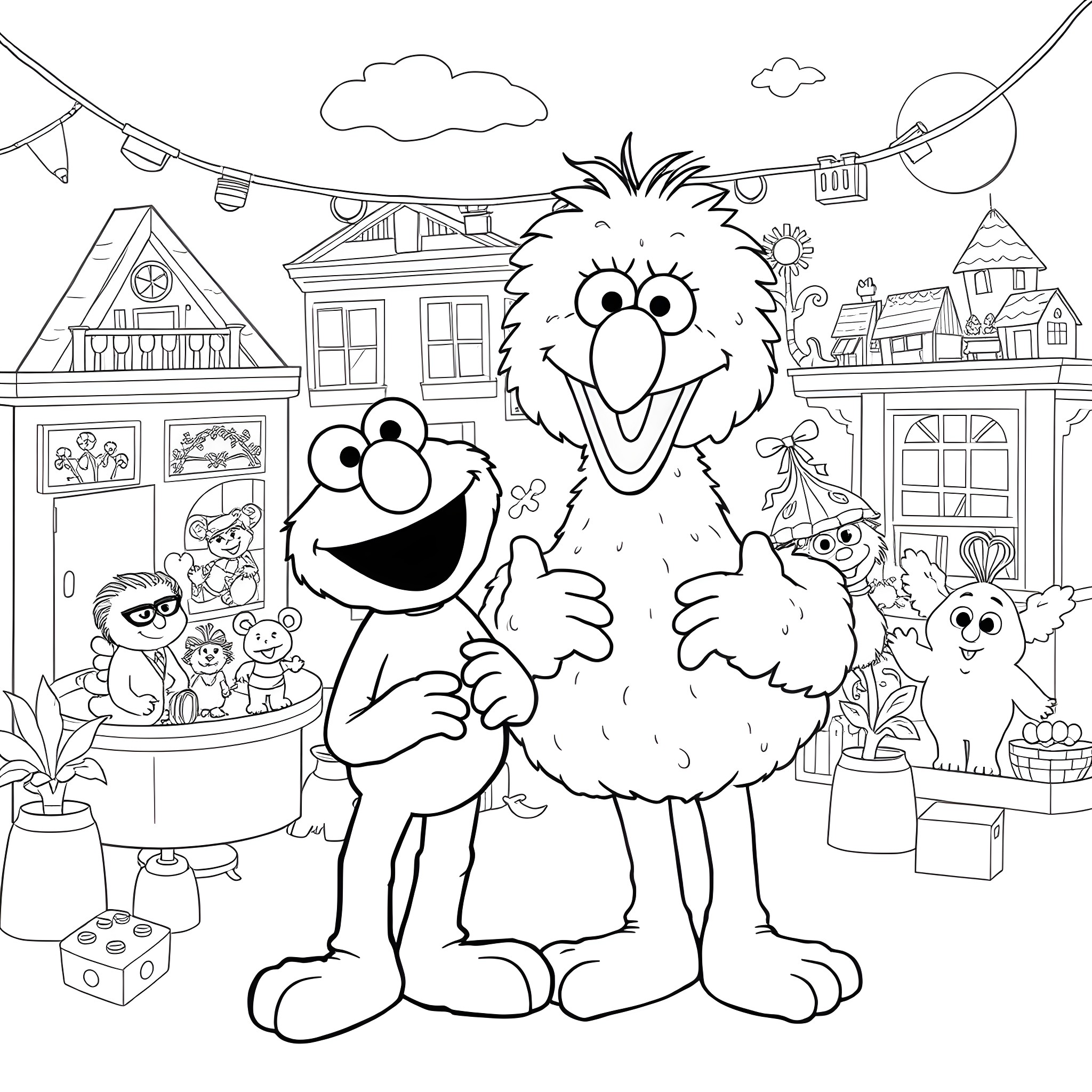 Elmo and friends in a festive neighborhood Coloring Page (free black-and-white line drawing printable PDF for all, from beginners to advanced learners, including children, teens, adults, and seniors)