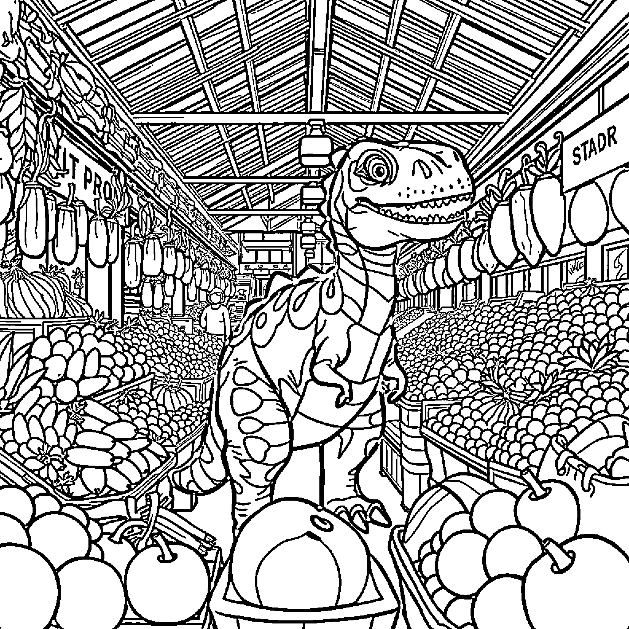 Dino dinosaur in a bustling market scene Coloring Page (free black-and-white line drawing printable PDF for all, from beginners to advanced learners, including children, teens, adults, and seniors)