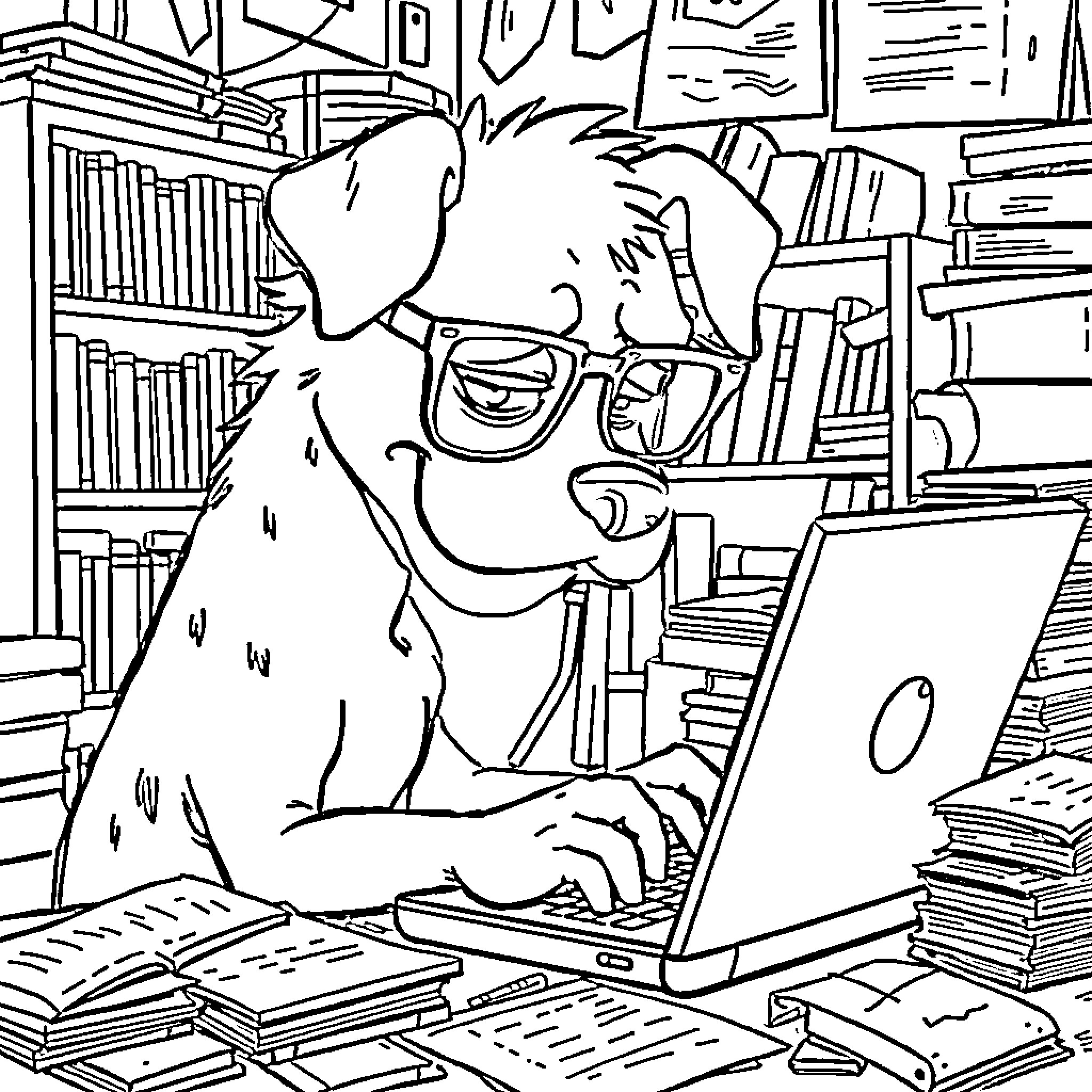 Dog working diligently on a laptop in a cozy library Coloring Page (free black-and-white line drawing printable PDF for all, from beginners to advanced learners, including children, teens, adults, and seniors)