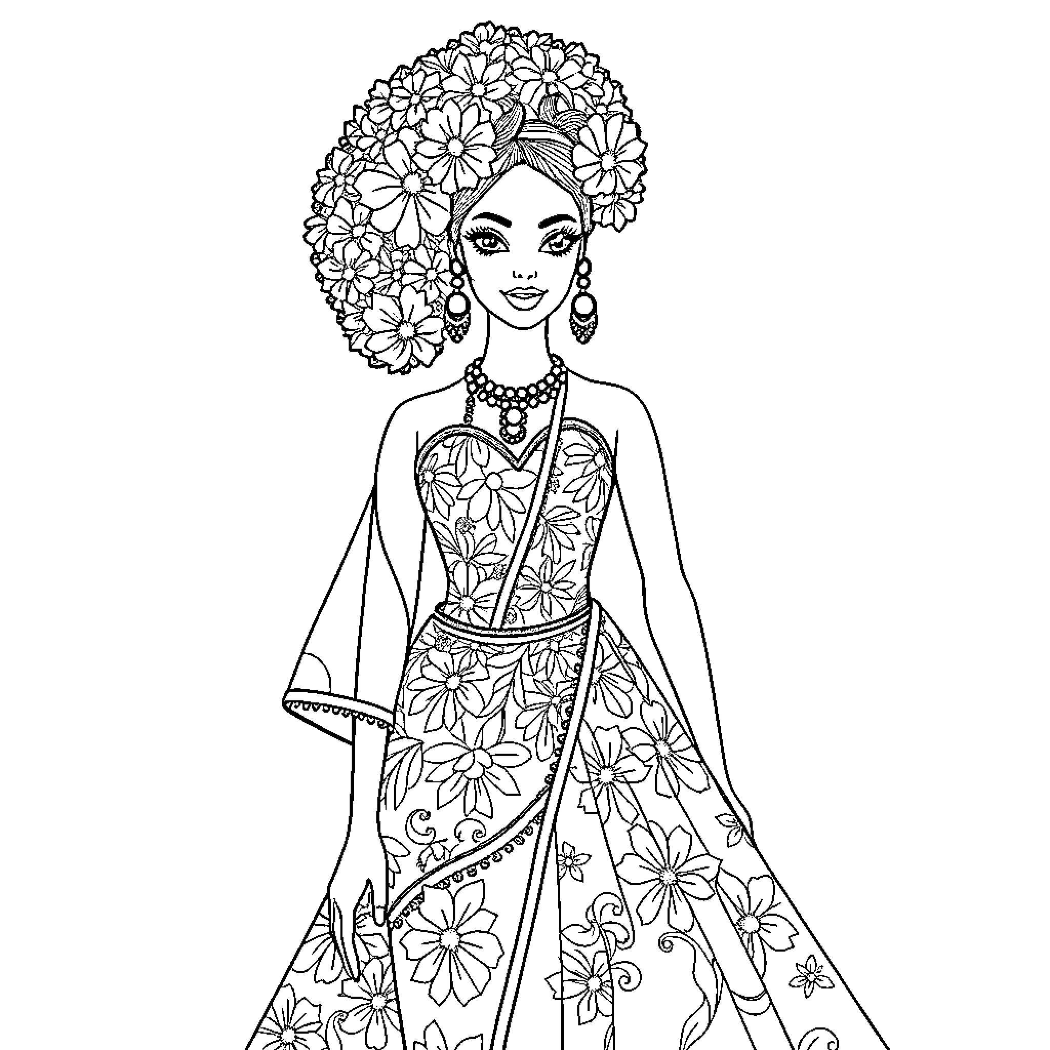 Barbie in Floral Elegance Coloring Page (free black-and-white line drawing printable PDF for all, from beginners to advanced learners, including children, teens, adults, and seniors)