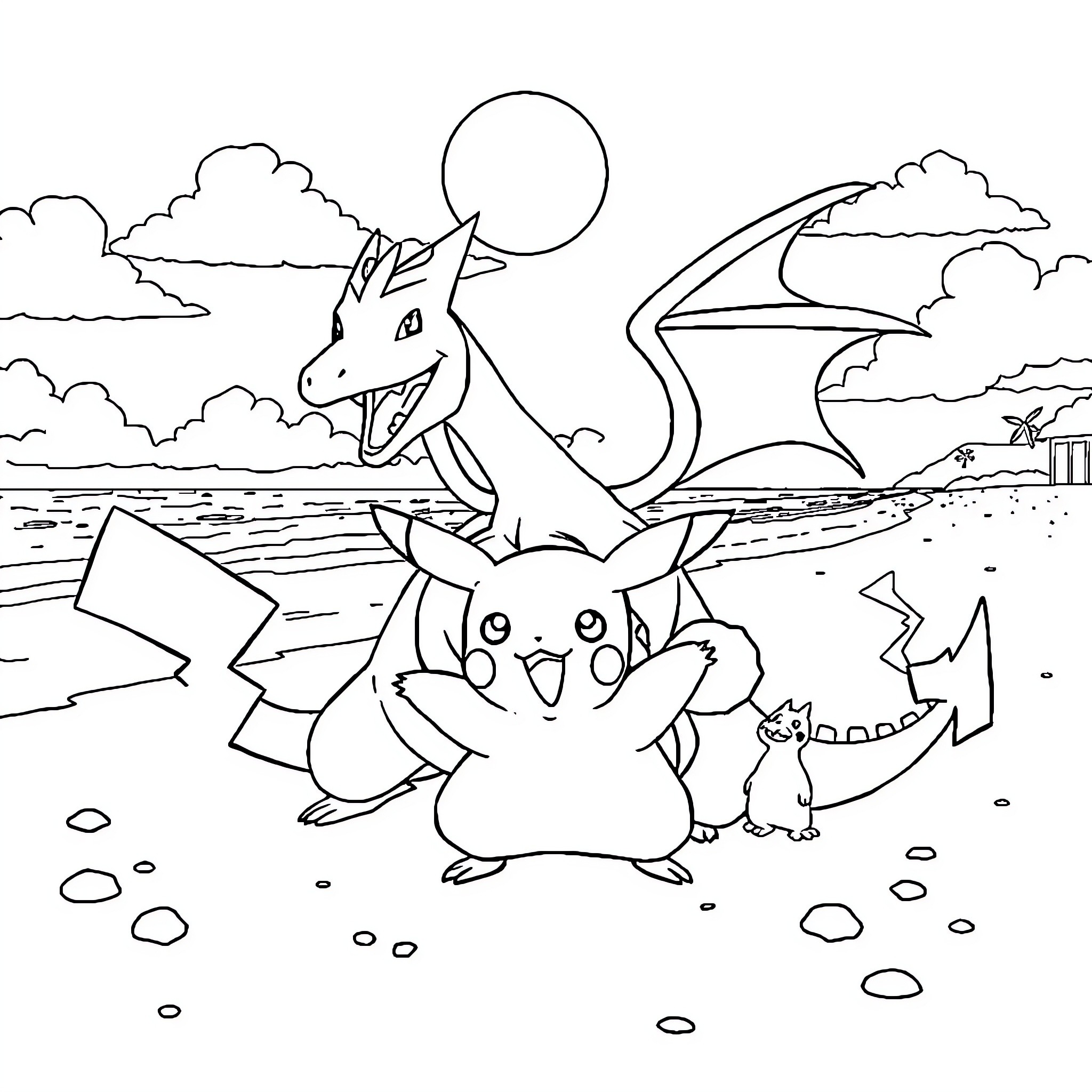 Pokémon Trainer and Companion on a Scenic Adventure Coloring Page (free black-and-white line drawing printable PDF for all, from beginners to advanced learners, including children, teens, adults, and seniors)