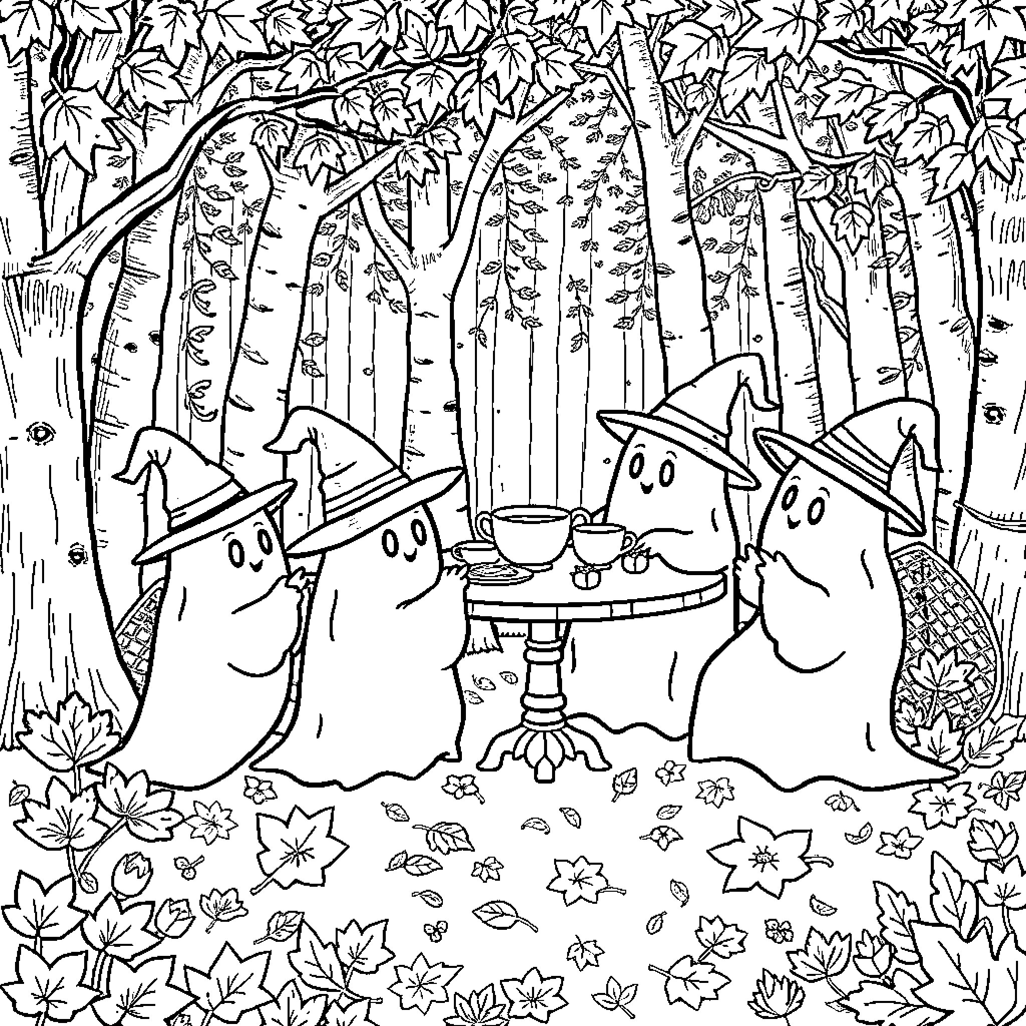 Ghost Figures Enjoying Tea Party in Enchanted Forest Coloring Page (free black-and-white line drawing printable PDF for all, from beginners to advanced learners, including children, teens, adults, and seniors)
