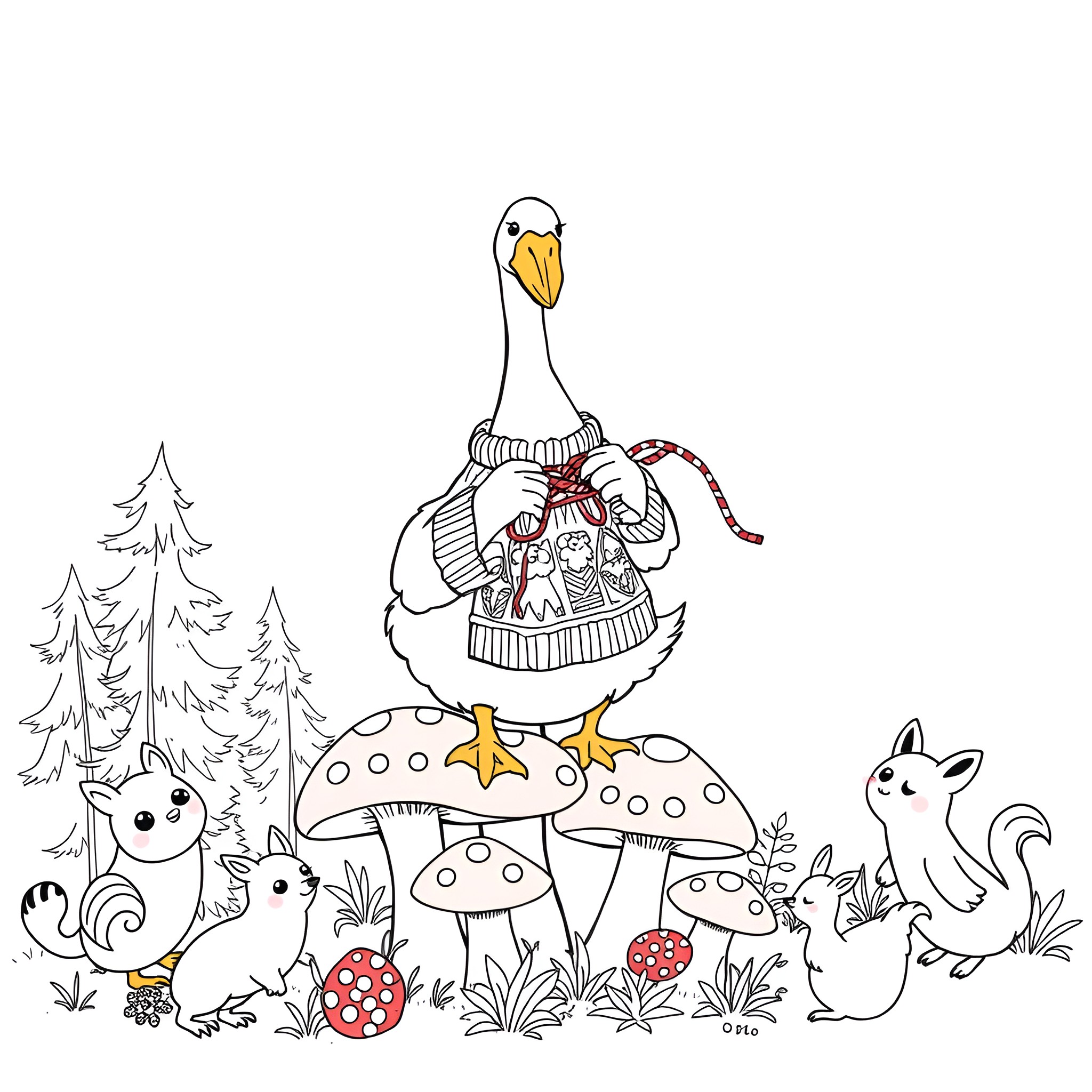 Goose wearing a festive sweater in a forest scene Coloring Page (free black-and-white line drawing printable PDF for all, from beginners to advanced learners, including children, teens, adults, and seniors)