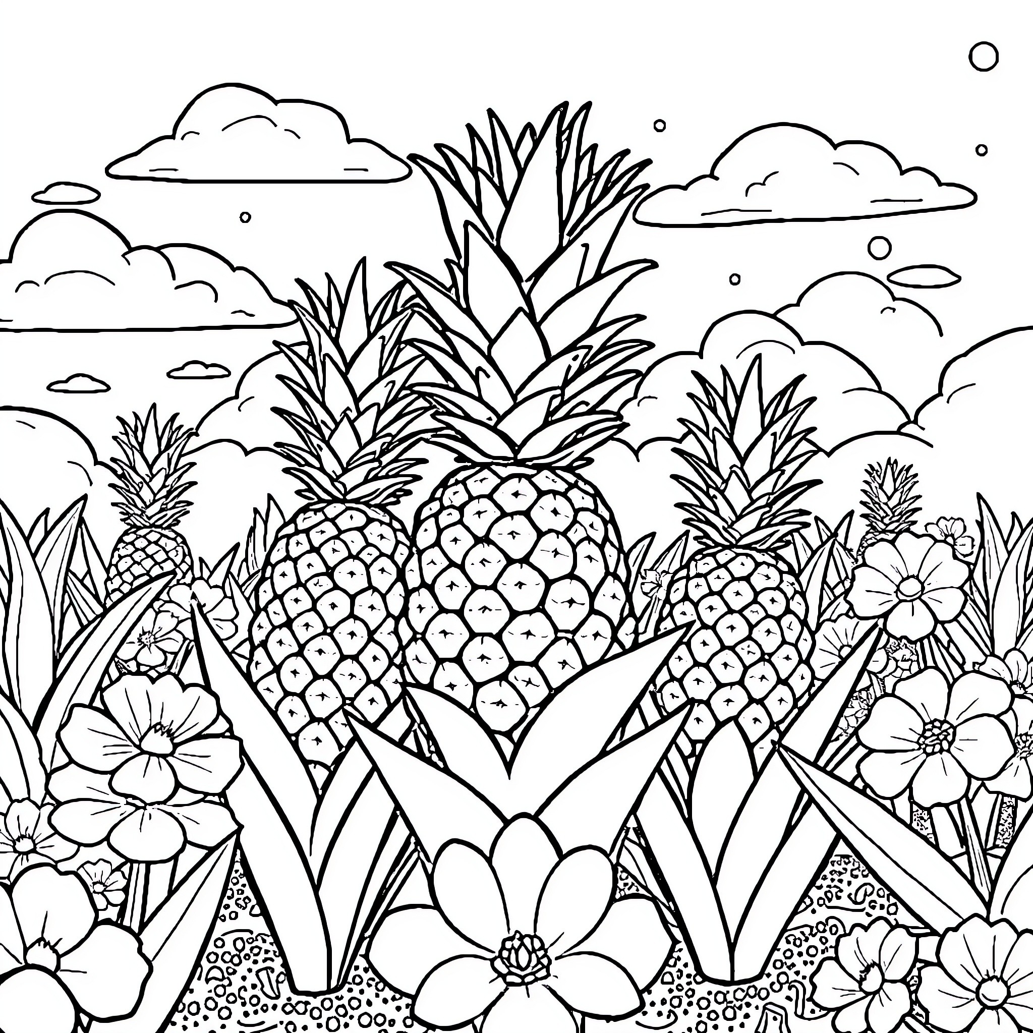 Pineapple paradise with tropical flowers Coloring Page (free black-and-white line drawing printable PDF for all, from beginners to advanced learners, including children, teens, adults, and seniors)