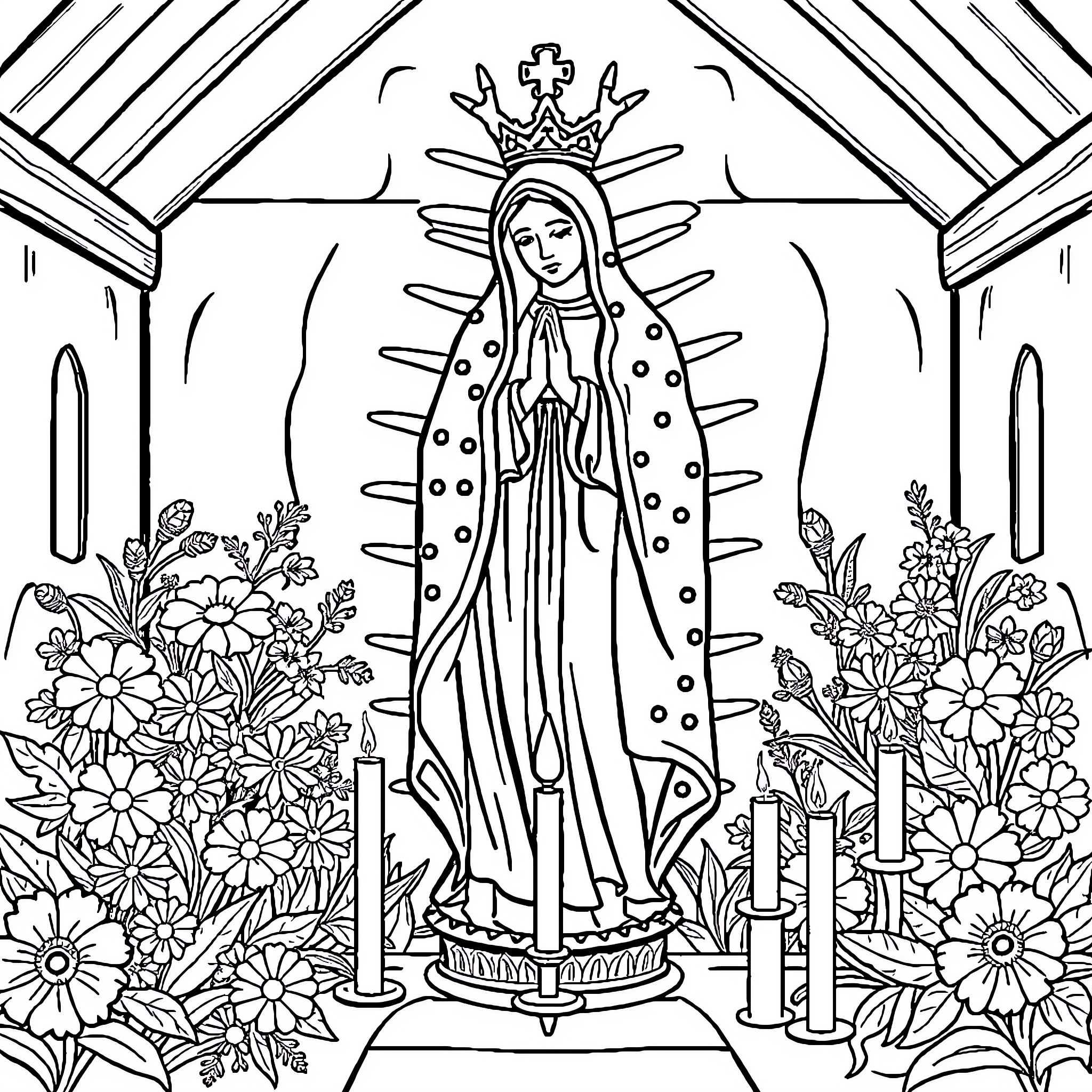 Virgin de Guadalupe in a religious sanctuary surrounded by flowers Coloring Page (free black-and-white line drawing printable PDF for all, from beginners to advanced learners, including children, teens, adults, and seniors)