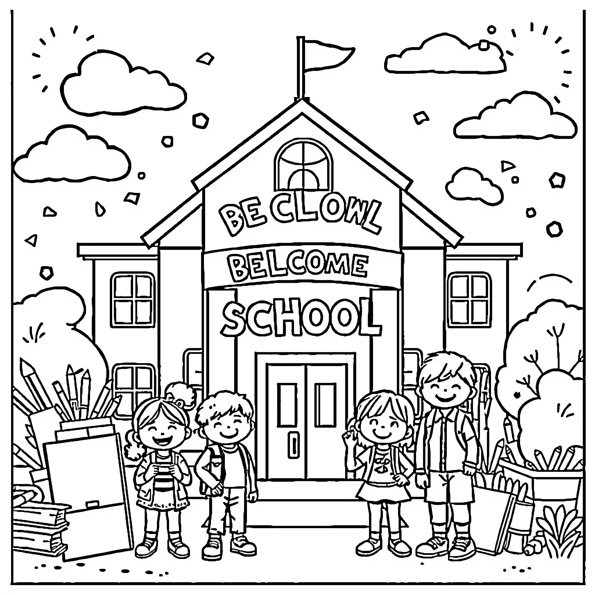 School children arriving at the welcoming schoolhouse Coloring Page (free black-and-white line drawing printable PDF for all, from beginners to advanced learners, including children, teens, adults, and seniors)