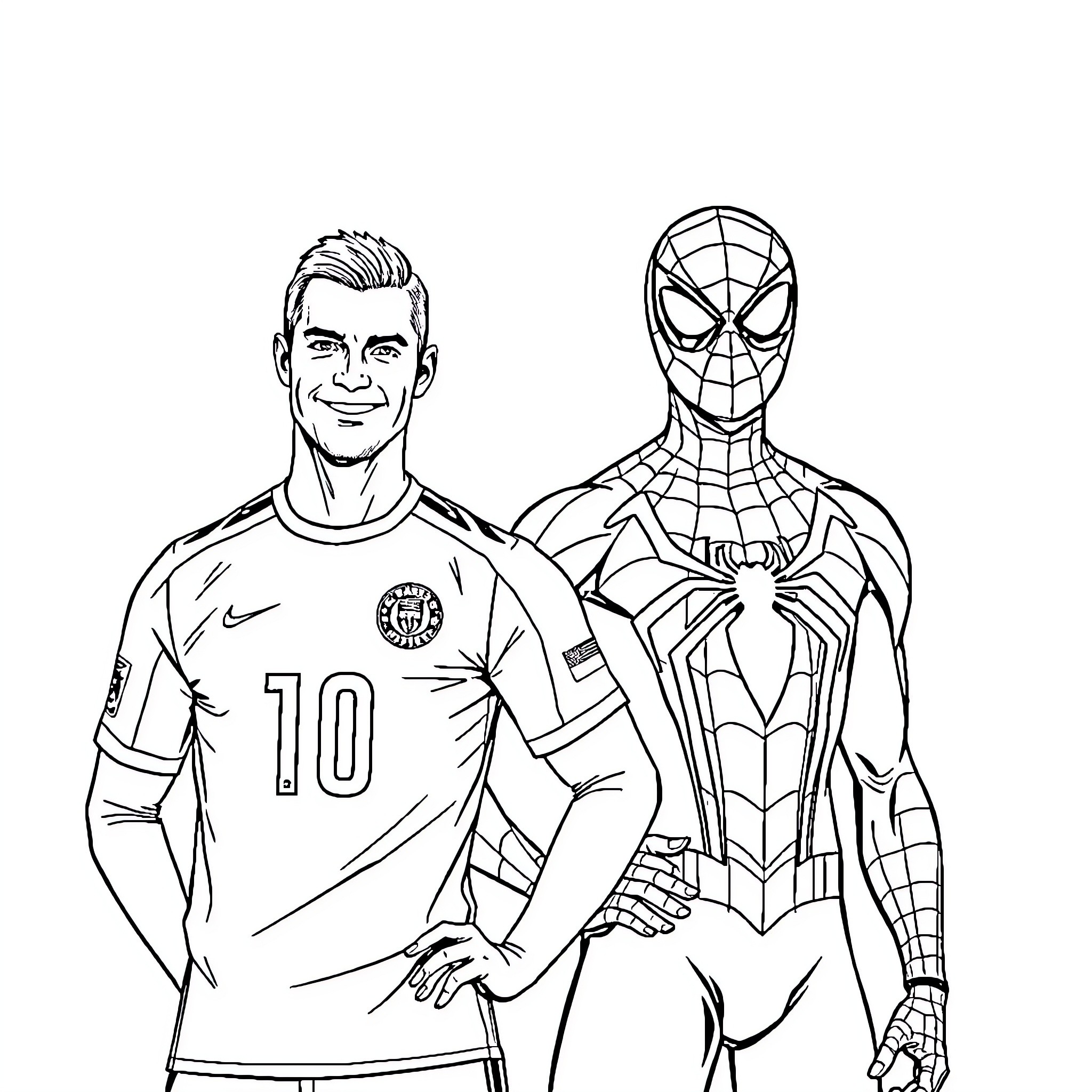 Ronaldo posing with Spider-Man in sports jersey Coloring Page (free black-and-white line drawing printable PDF for all, from beginners to advanced learners, including children, teens, adults, and seniors)