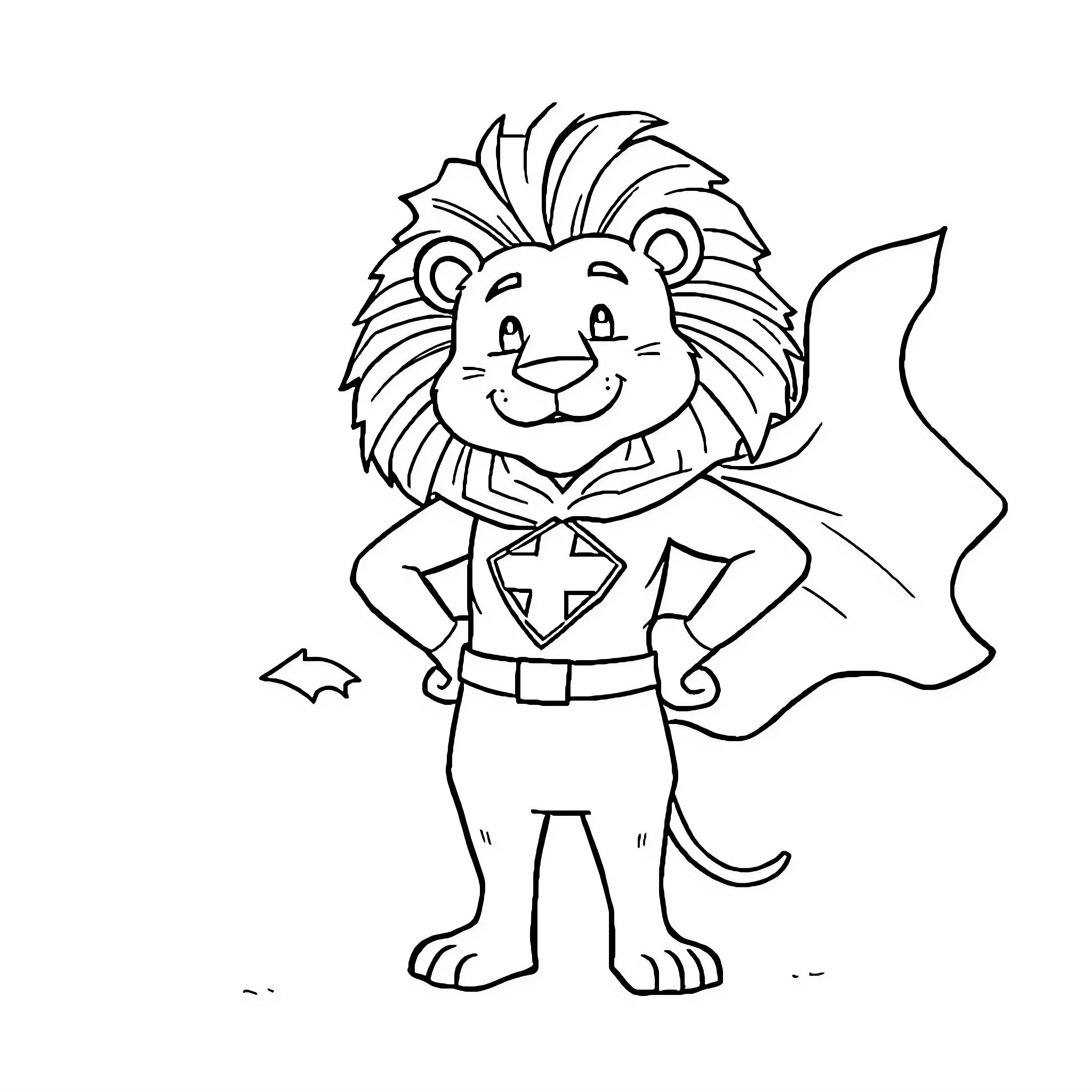 Lion superhero in action pose Coloring Page (free black-and-white line drawing printable PDF for all, from beginners to advanced learners, including children, teens, adults, and seniors)