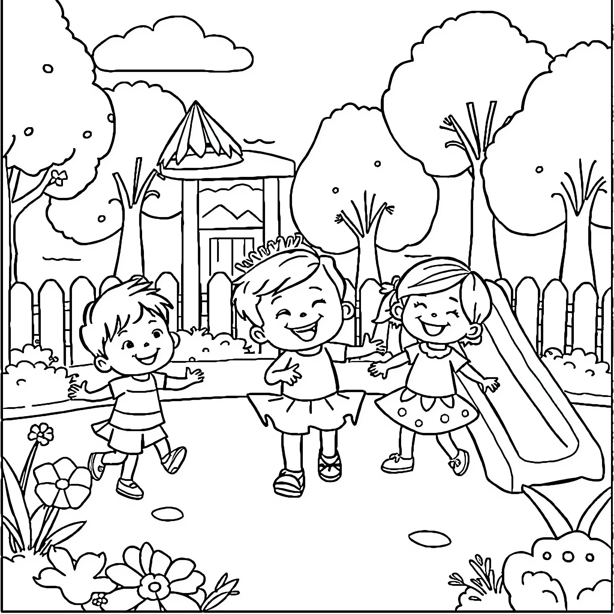 Lion children playing happily at the park Coloring Page (free black-and-white line drawing printable PDF for all, from beginners to advanced learners, including children, teens, adults, and seniors)