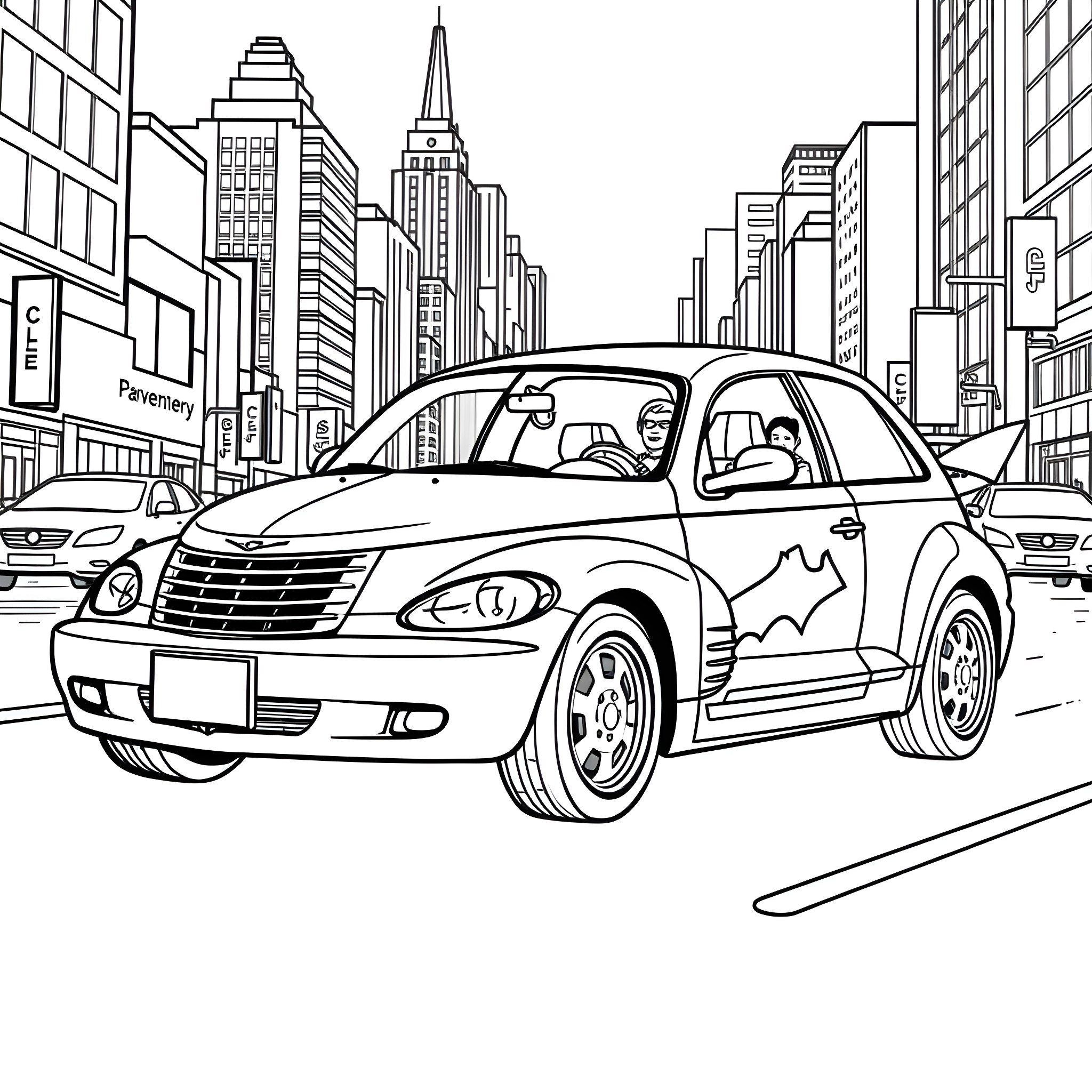 Pt Cruiser driving through the city Coloring Page (free black-and-white line drawing printable PDF for all, from beginners to advanced learners, including children, teens, adults, and seniors)