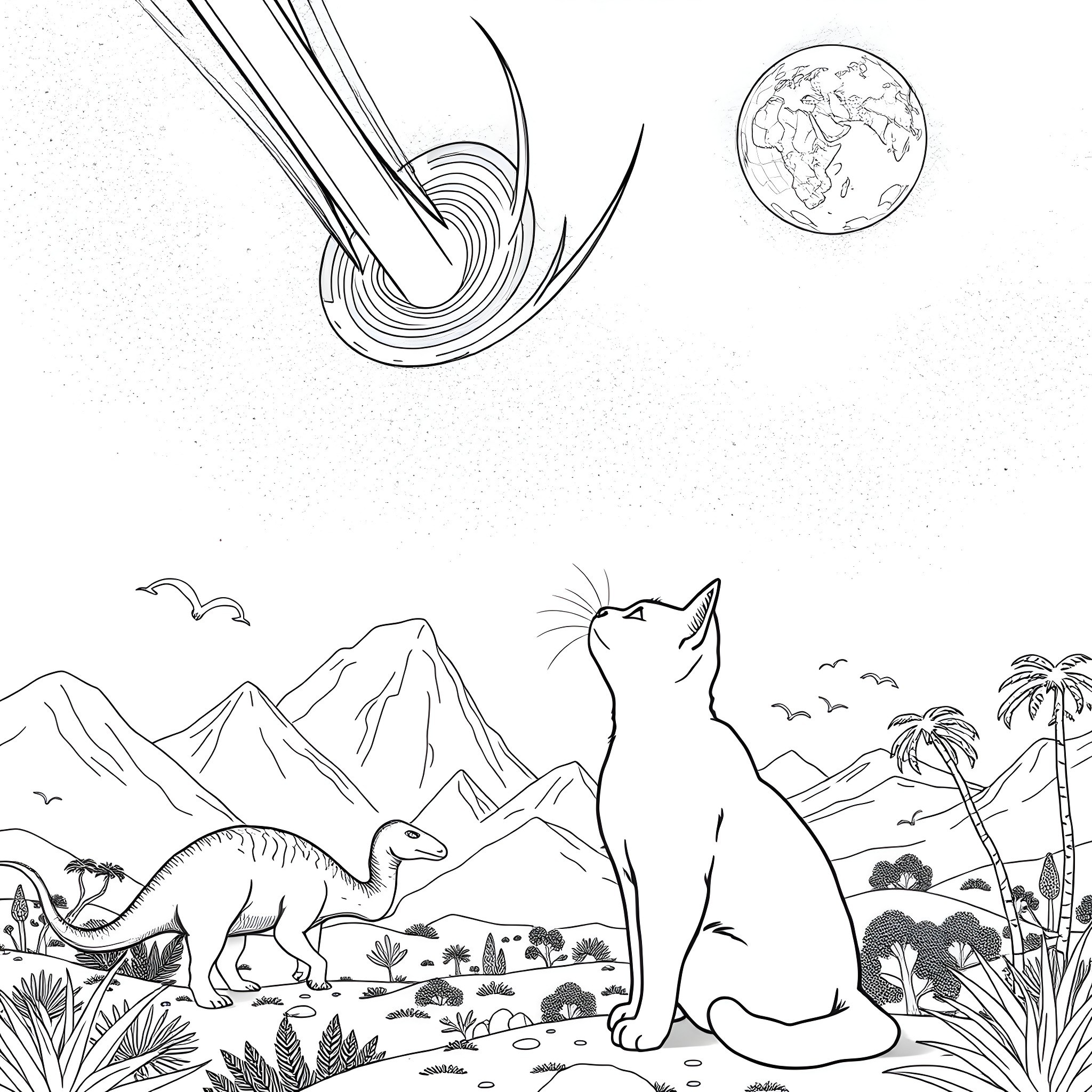 Cat exploring a prehistoric landscape Coloring Page (free black-and-white line drawing printable PDF for all, from beginners to advanced learners, including children, teens, adults, and seniors)