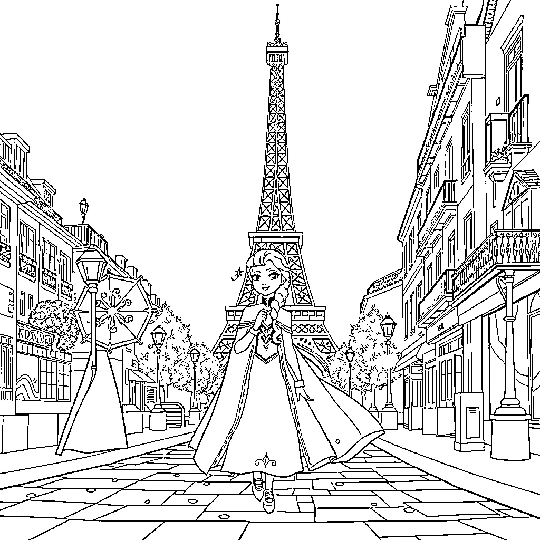 Anna's Elegant Stroll in Paris Coloring Page (free black-and-white line drawing printable PDF for all, from beginners to advanced learners, including children, teens, adults, and seniors)