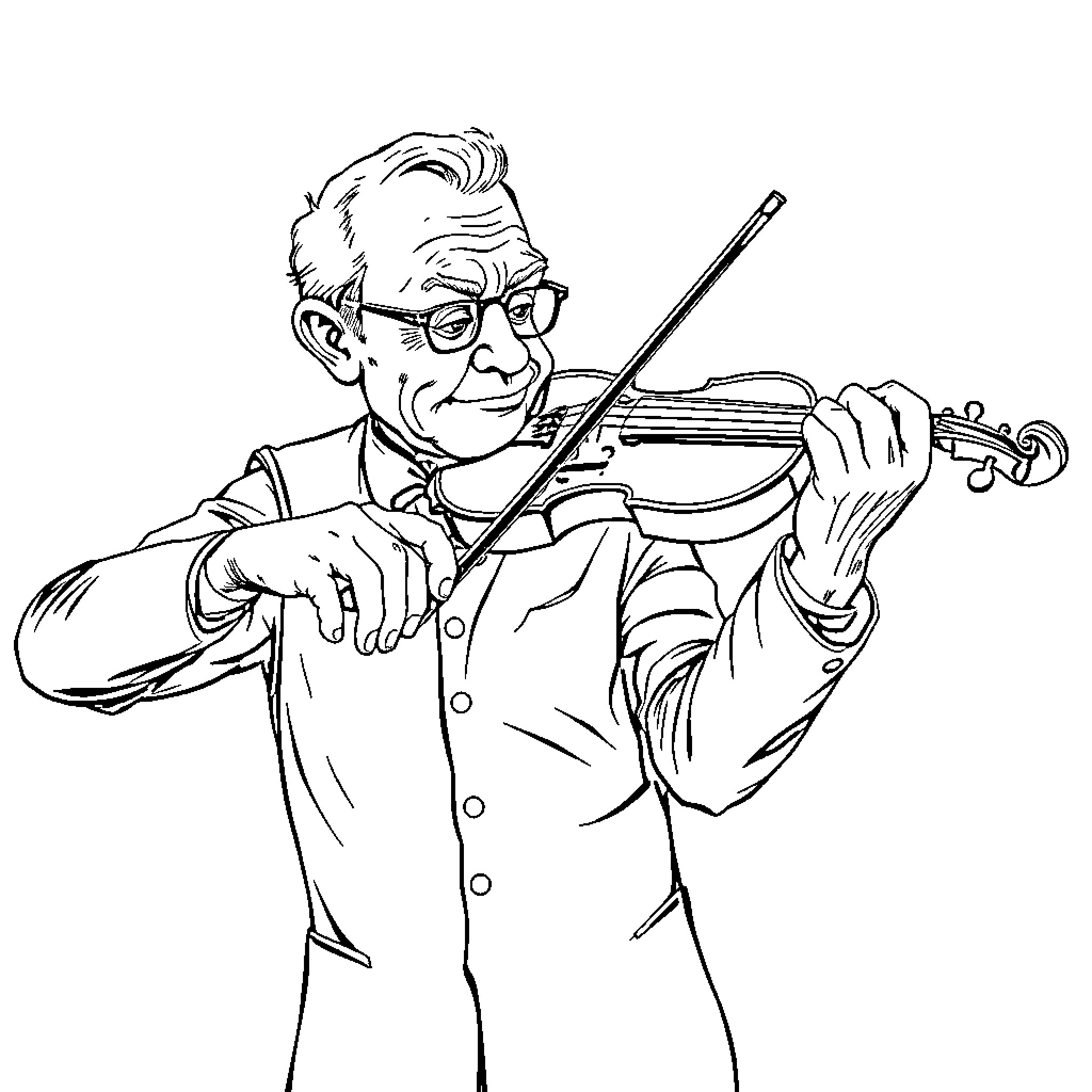 Bill playing the violin with passion Coloring Page (free black-and-white line drawing printable PDF for all, from beginners to advanced learners, including children, teens, adults, and seniors)