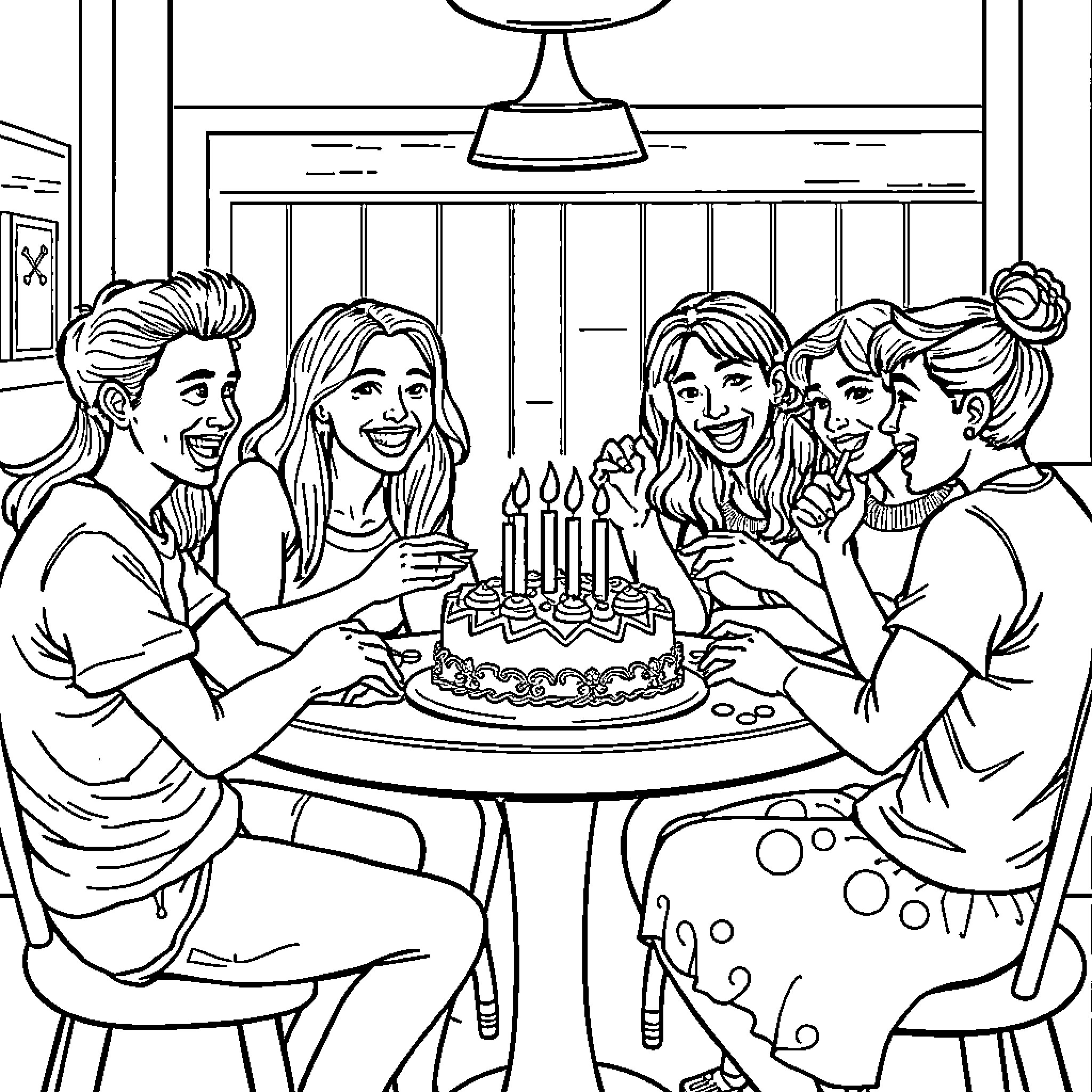 Among Us friends celebrating birthday Coloring Page (free black-and-white line drawing printable PDF for all, from beginners to advanced learners, including children, teens, adults, and seniors)