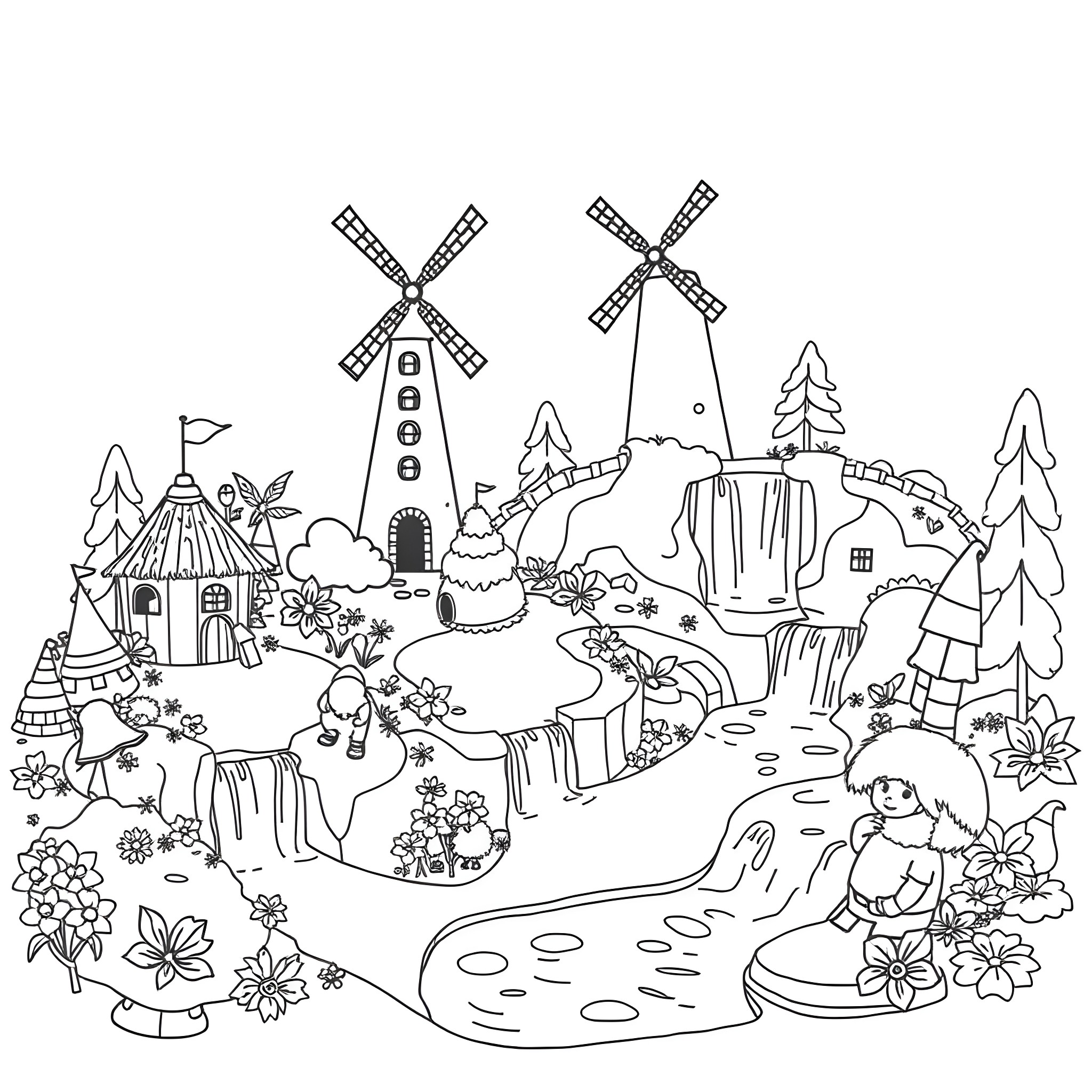 Golf Players Enjoying Scenery with Windmills Coloring Page (free black-and-white line drawing printable PDF for all, from beginners to advanced learners, including children, teens, adults, and seniors)