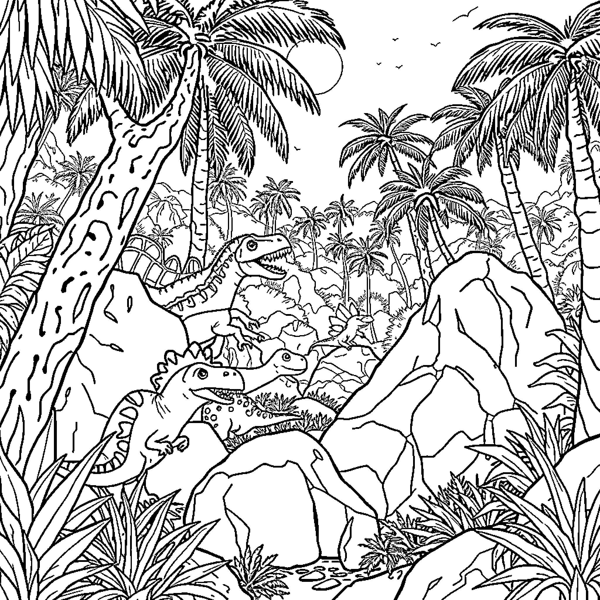 Dinosaurs Roaming in Lush Tropical Jungle Coloring Page (free black-and-white line drawing printable PDF for all, from beginners to advanced learners, including children, teens, adults, and seniors)