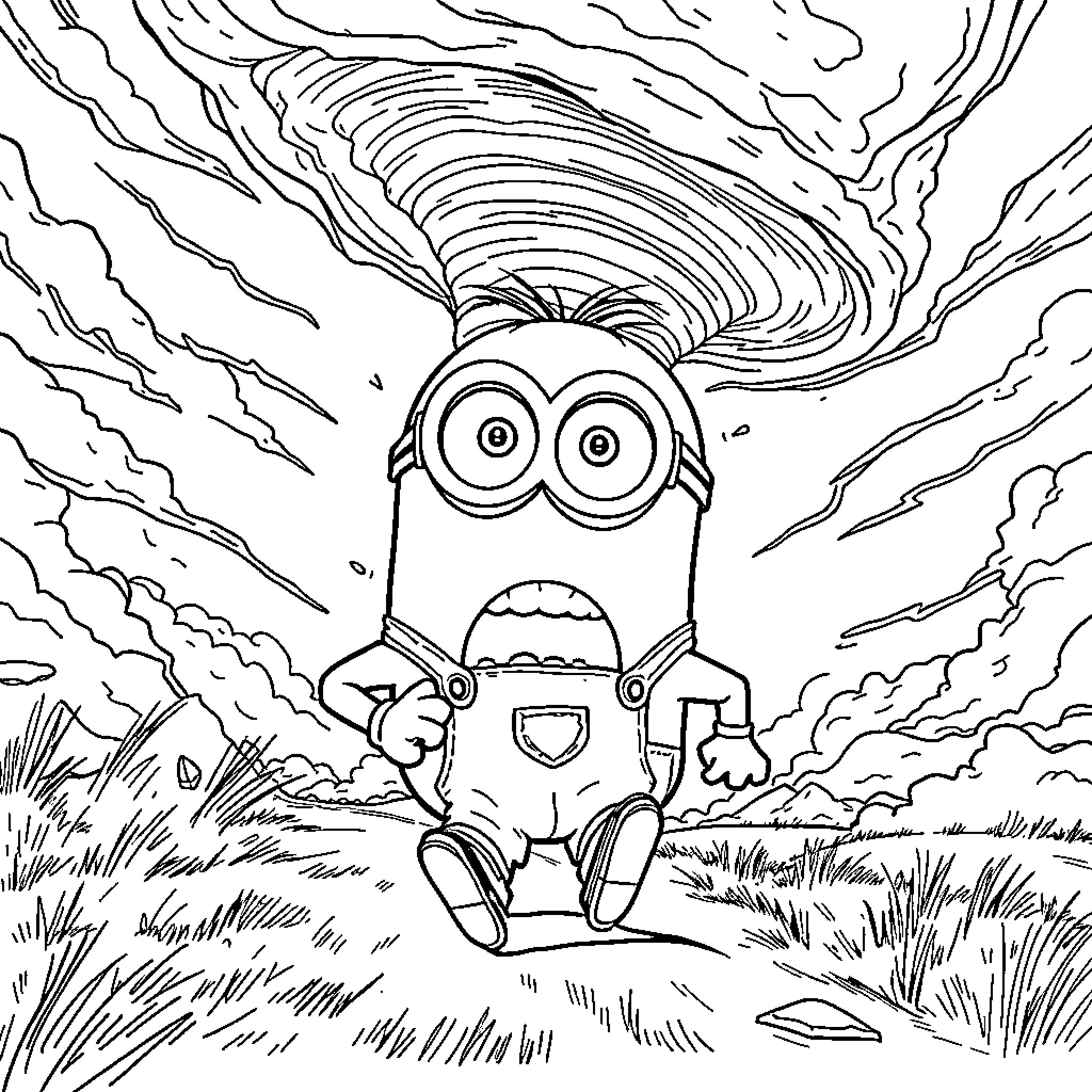 Minion facing a powerful storm Coloring Page (free black-and-white line drawing printable PDF for all, from beginners to advanced learners, including children, teens, adults, and seniors)