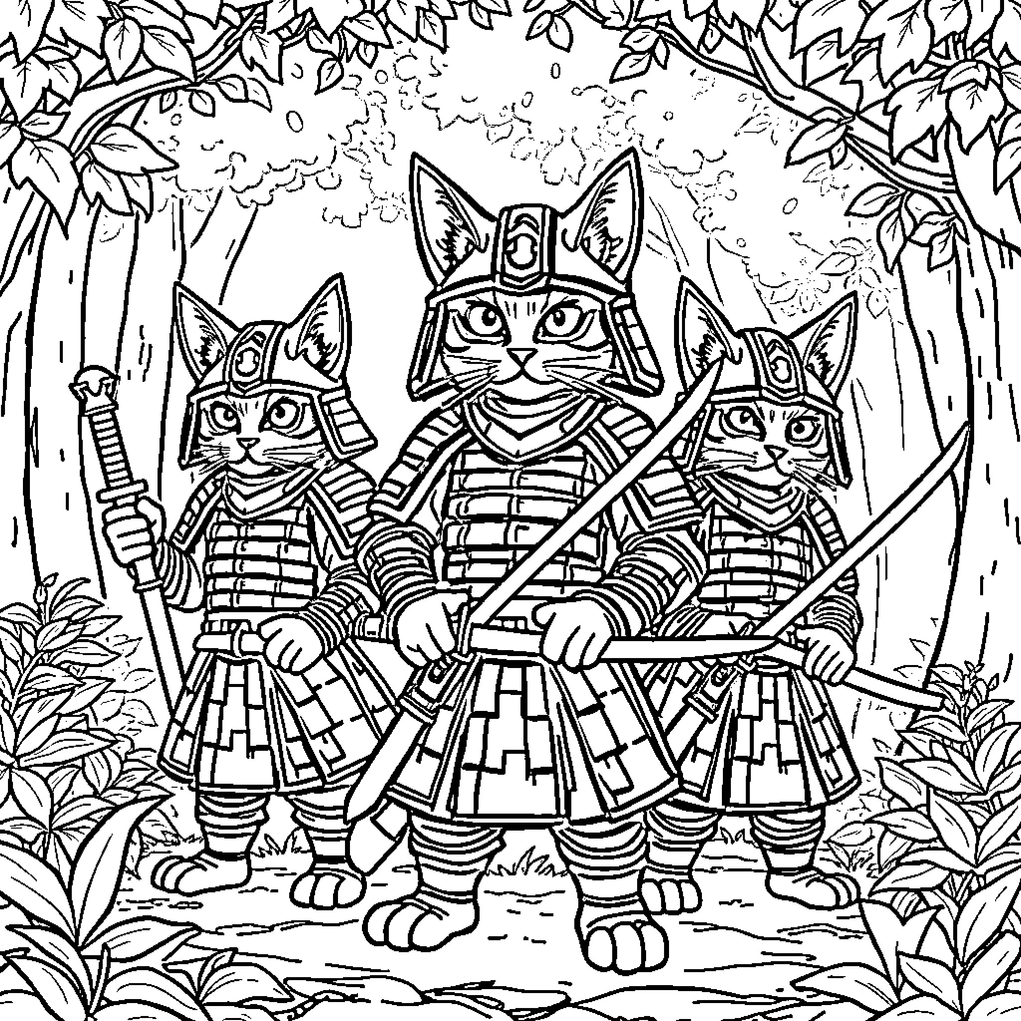 Cat samurai warriors in the forest Coloring Page (free black-and-white line drawing printable PDF for all, from beginners to advanced learners, including children, teens, adults, and seniors)