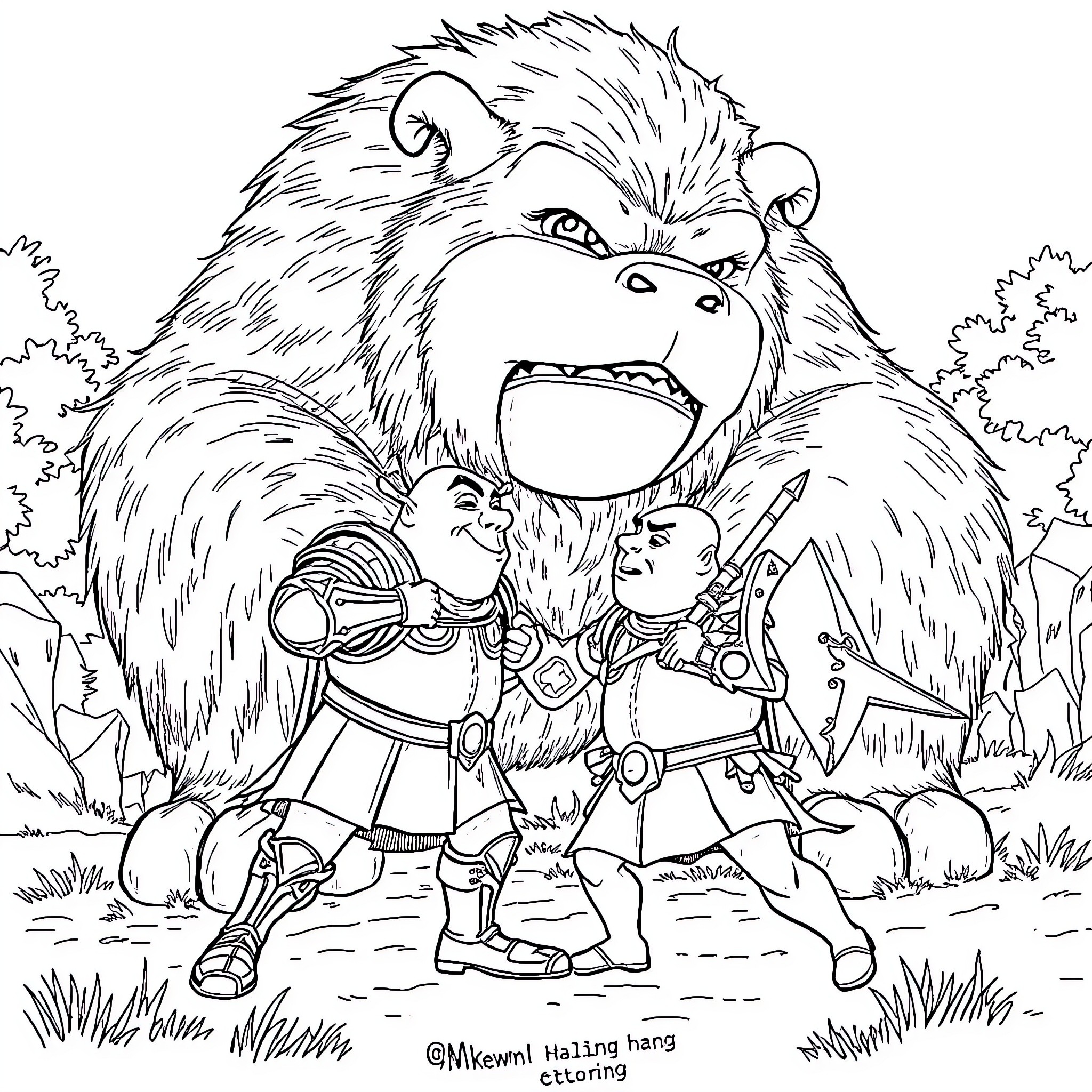 Shrek and Donkey face a fearsome beast in the wilderness Coloring Page (free black-and-white line drawing printable PDF for all, from beginners to advanced learners, including children, teens, adults, and seniors)