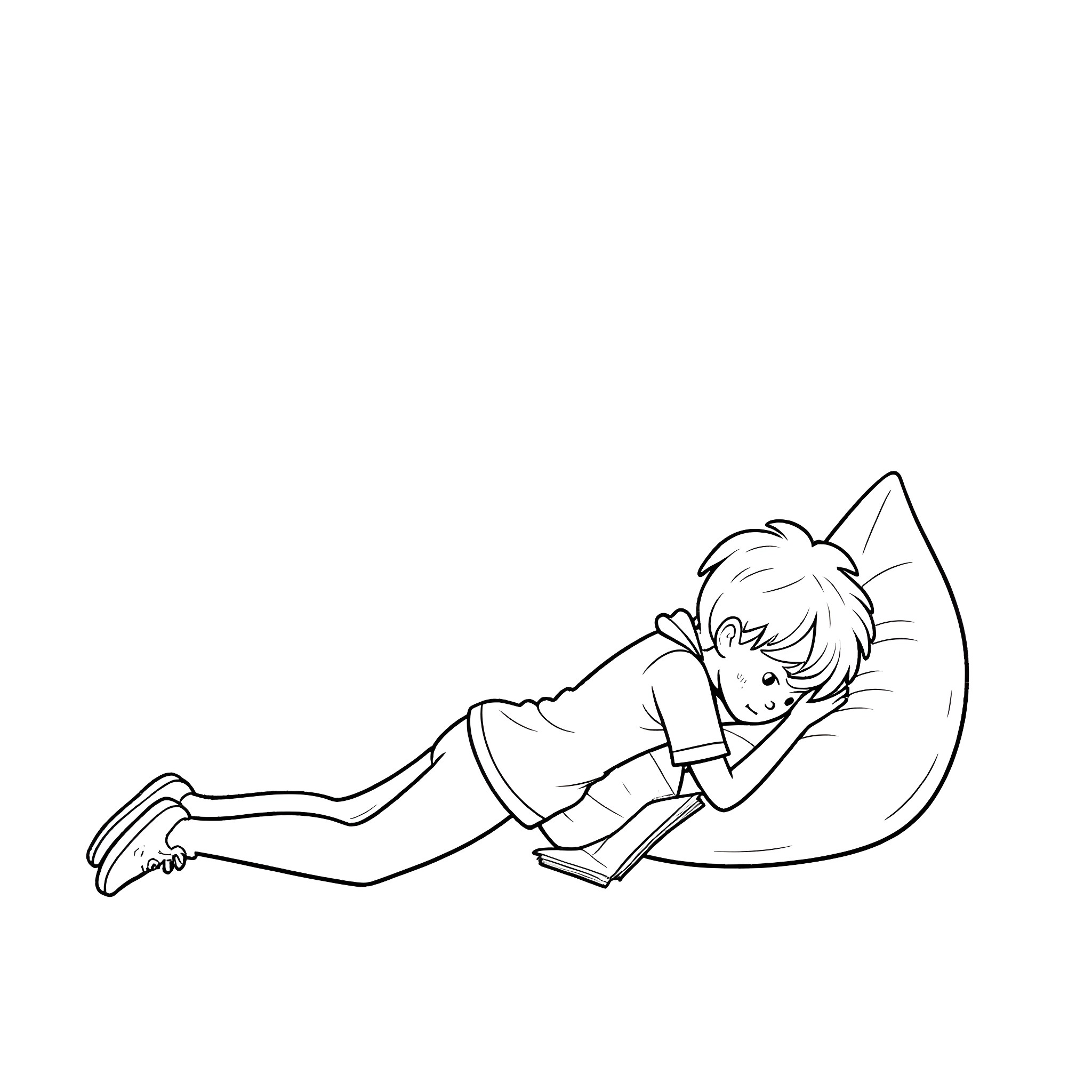 Boy relaxing comfortably on a bean bag Coloring Page (free black-and-white line drawing printable PDF for all, from beginners to advanced learners, including children, teens, adults, and seniors)