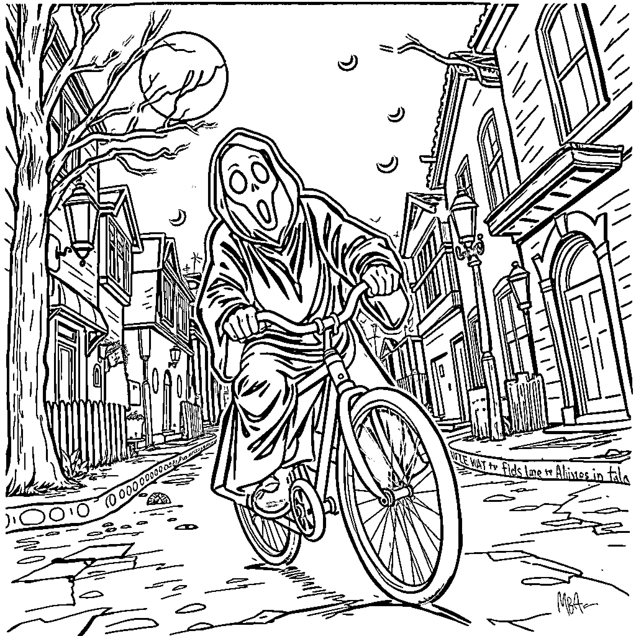 Ghostface riding a bicycle in a spooky town Coloring Page (free black-and-white line drawing printable PDF for all, from beginners to advanced learners, including children, teens, adults, and seniors)