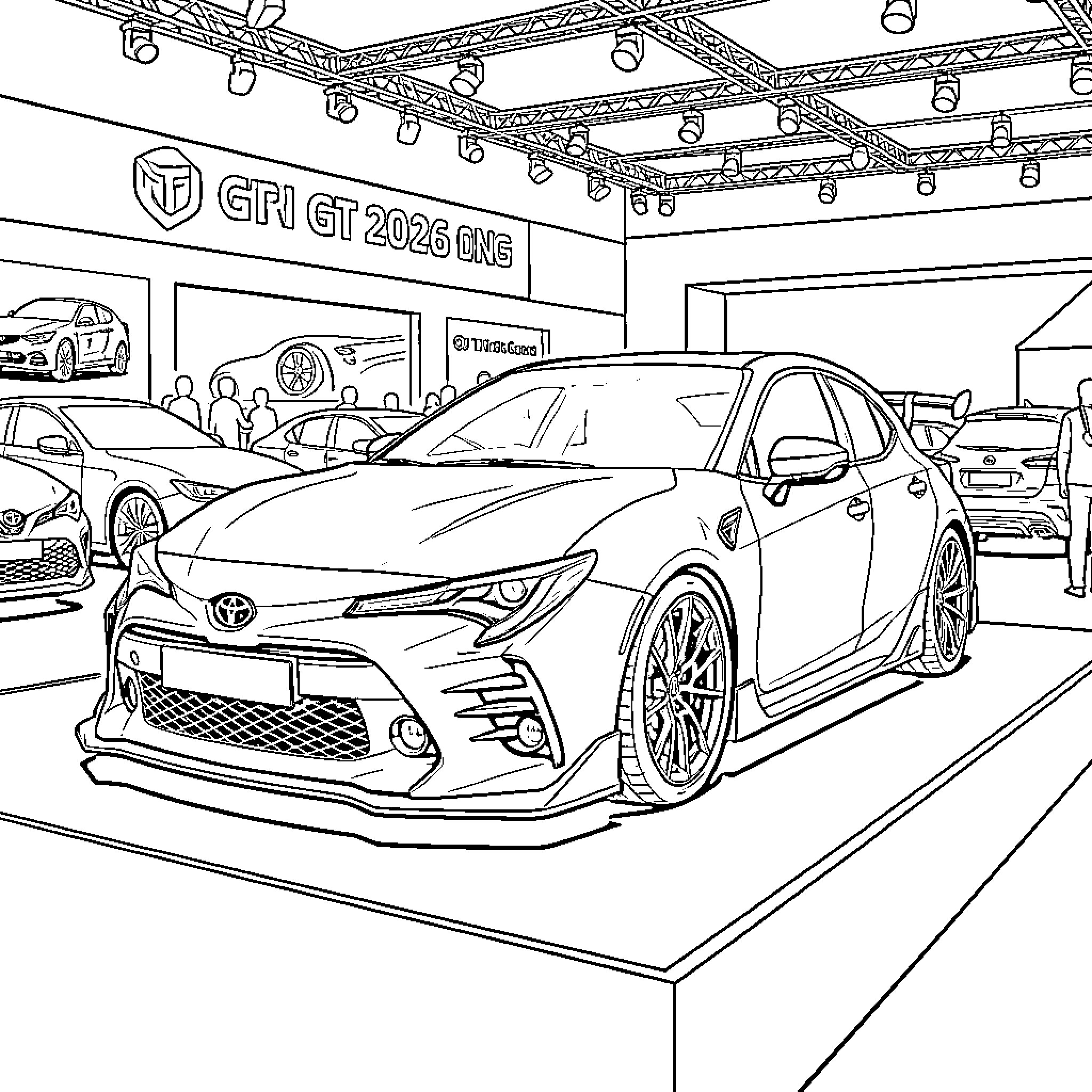 Toyota car displayed on a stage at an auto show Coloring Page (free black-and-white line drawing printable PDF for all, from beginners to advanced learners, including children, teens, adults, and seniors)