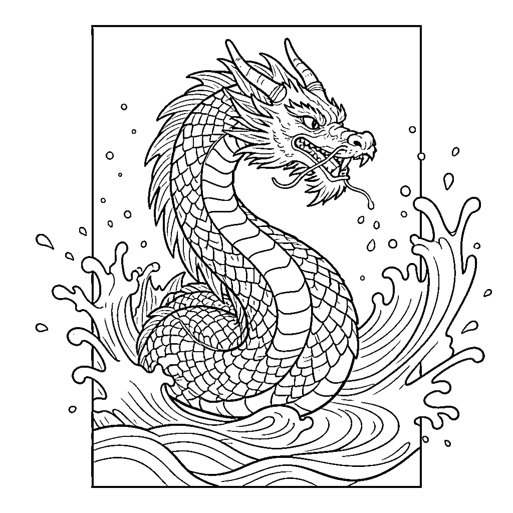 Dragon emerging from splashing ocean waves Coloring Page (free black-and-white line drawing printable PDF for all, from beginners to advanced learners, including children, teens, adults, and seniors)