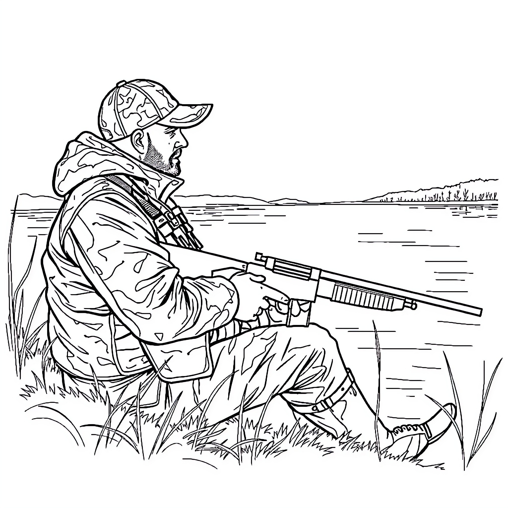 Duck hunter waiting patiently in the wetlands Coloring Page (free black-and-white line drawing printable PDF for all, from beginners to advanced learners, including children, teens, adults, and seniors)
