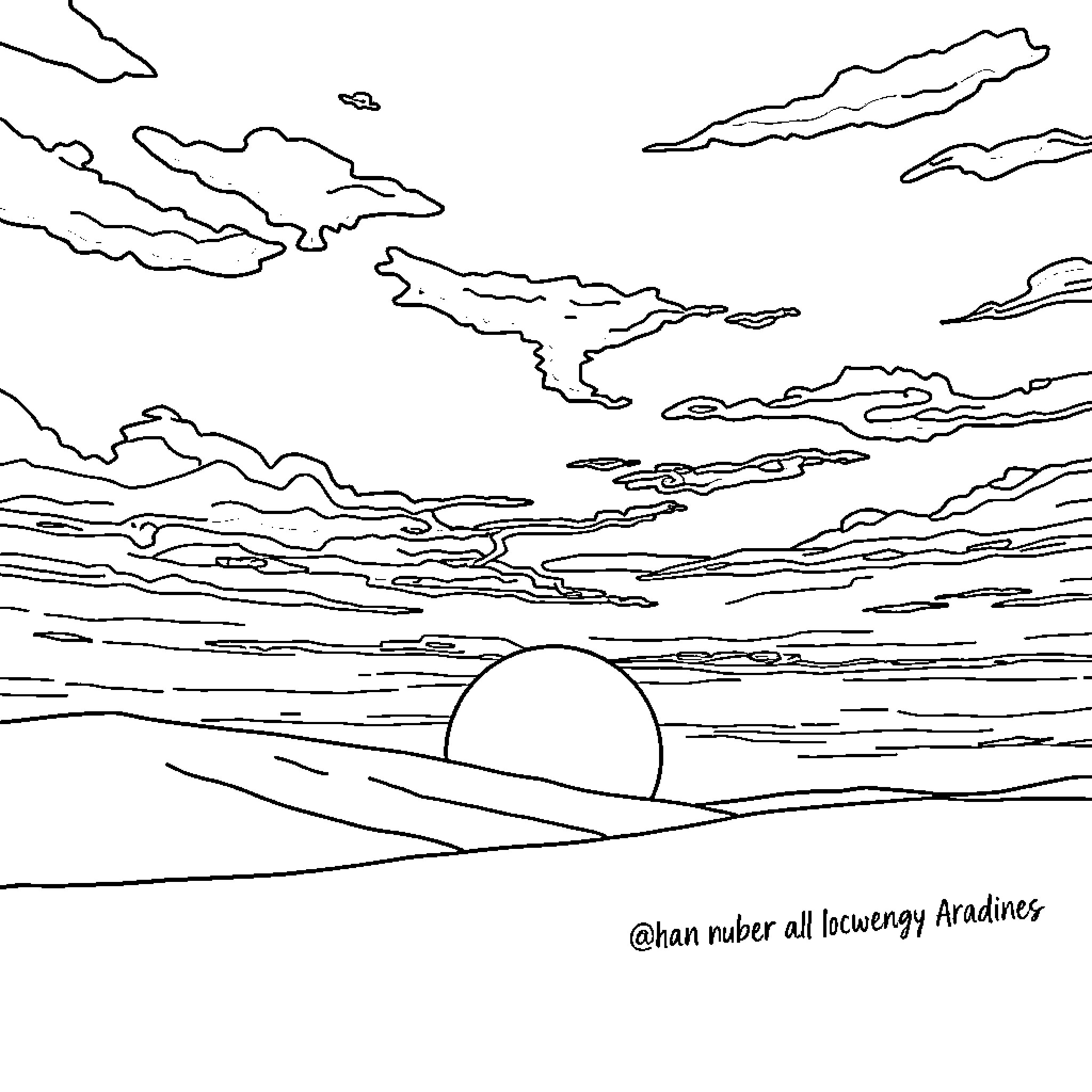 Sunset over the horizon with cloudy skies Coloring Page (free black-and-white line drawing printable PDF for all, from beginners to advanced learners, including children, teens, adults, and seniors)
