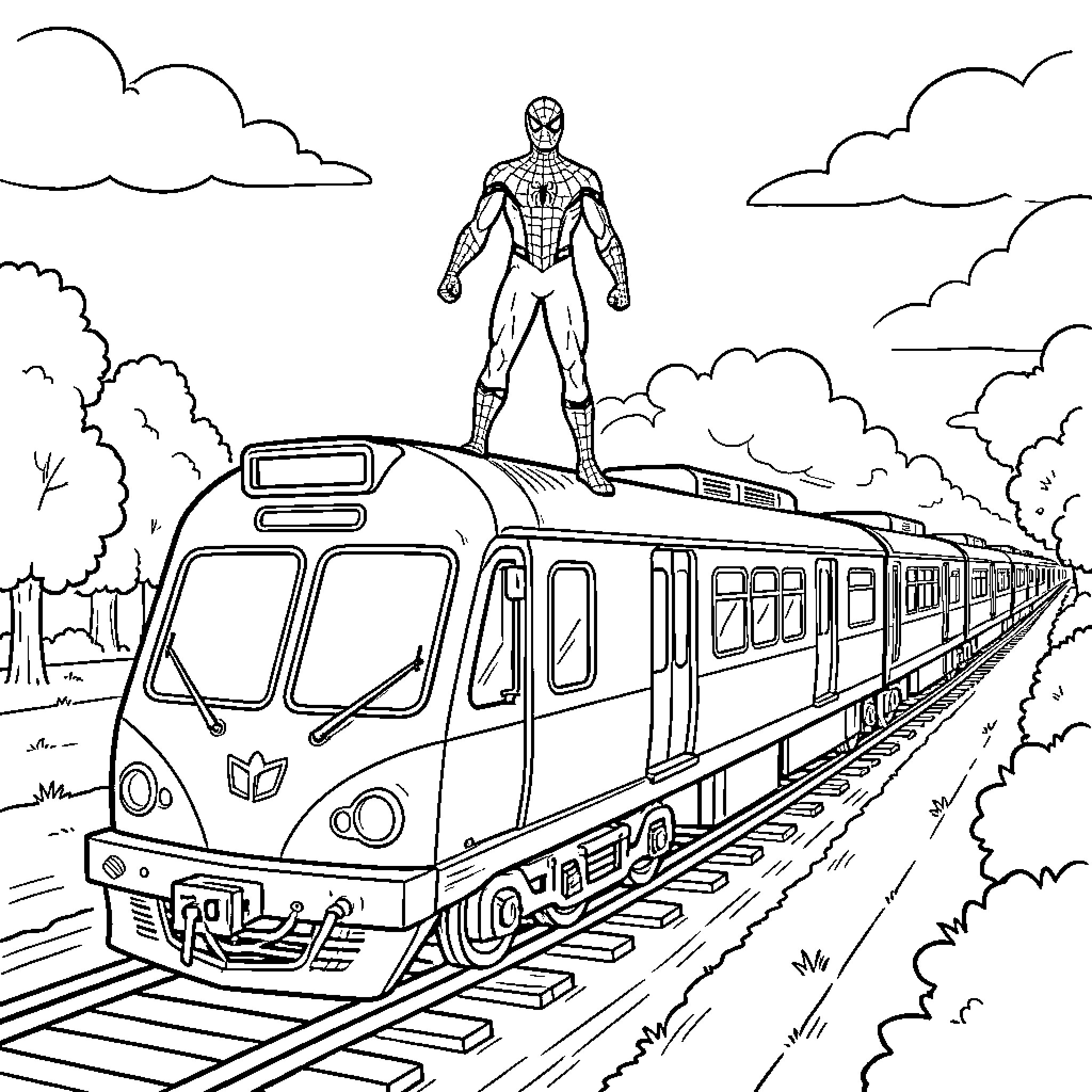Spiderman standing heroically on top of a moving train Coloring Page (free black-and-white line drawing printable PDF for all, from beginners to advanced learners, including children, teens, adults, and seniors)