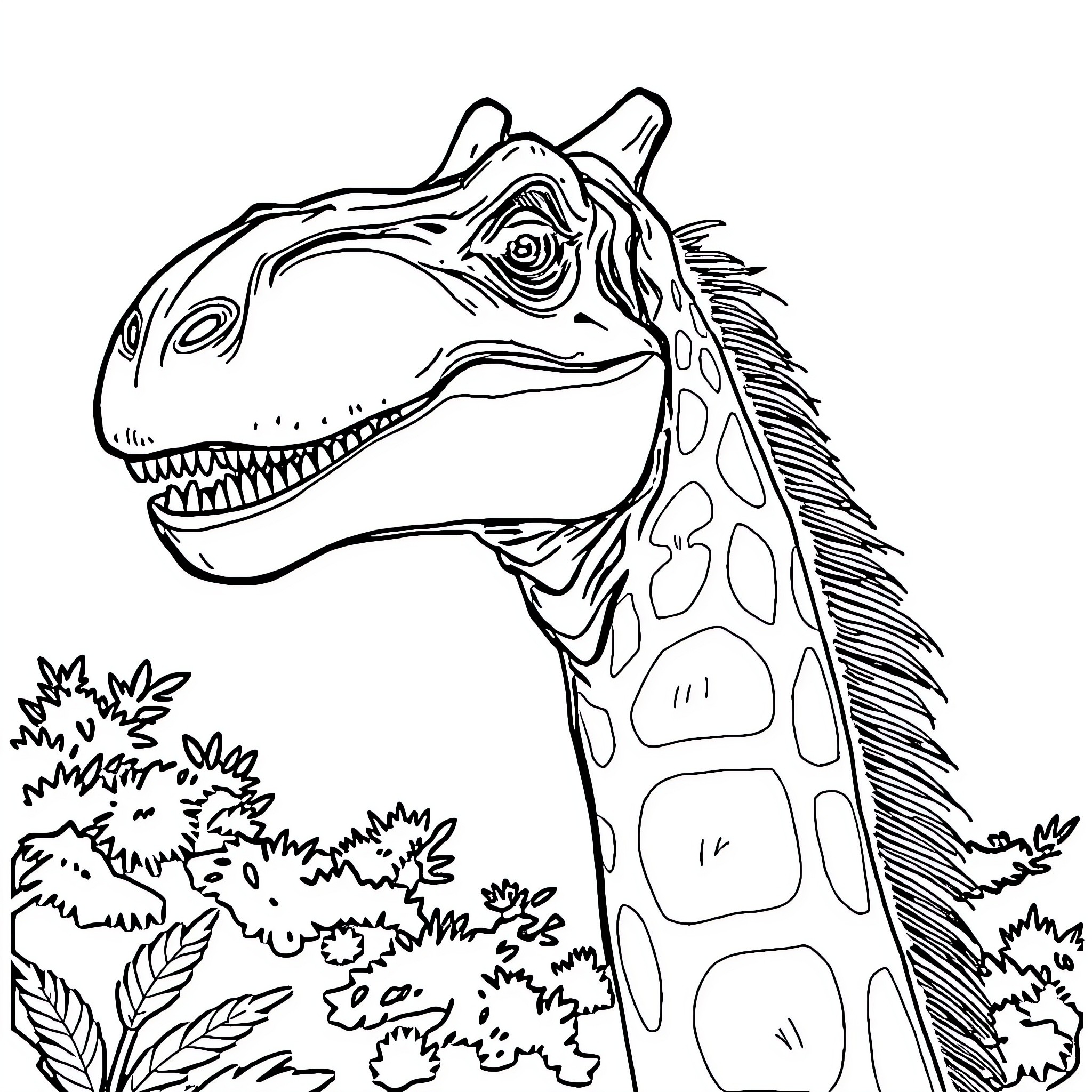 Trex dinosaur with big head in nature scene Coloring Page (free black-and-white line drawing printable PDF for all, from beginners to advanced learners, including children, teens, adults, and seniors)
